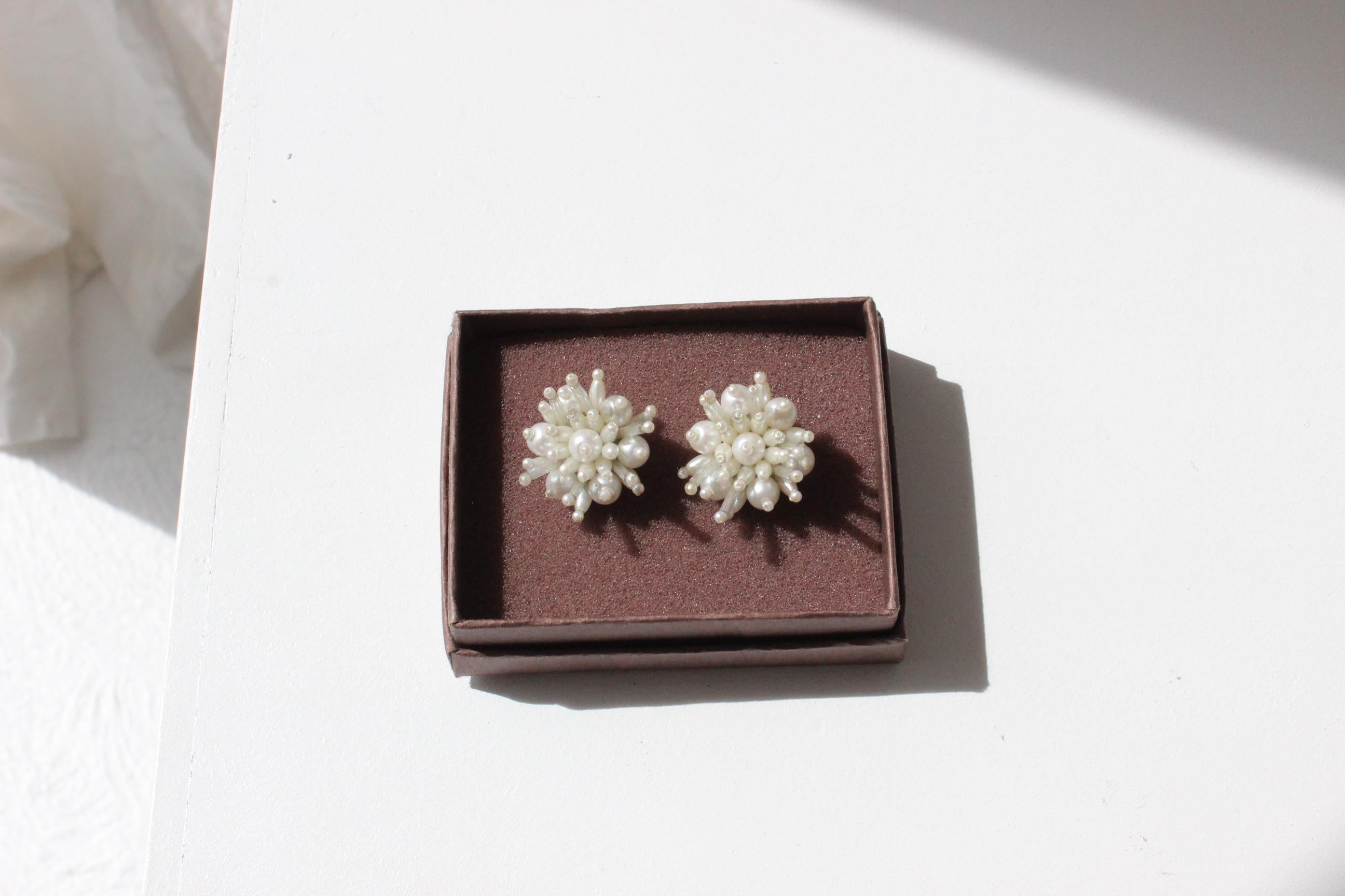 60s Baroque Pearl 'Flower' Cluster Clip On Wedding Earrings