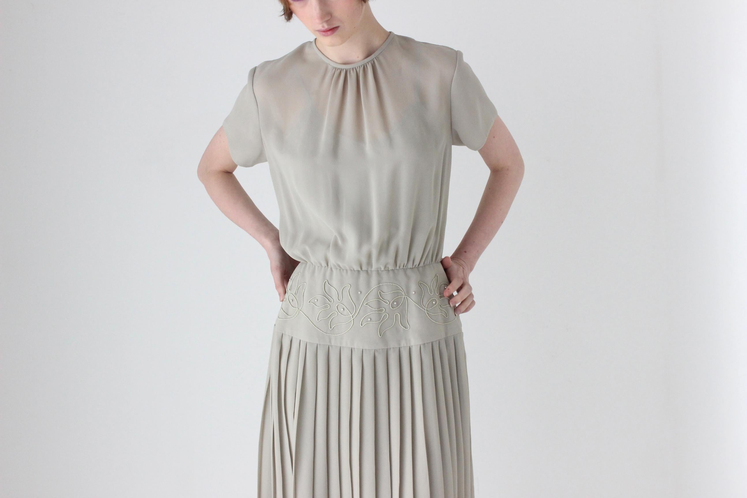 80s Australian Vintage Elegant Sheer Sage Drop Waist Pleated Peplum Dress