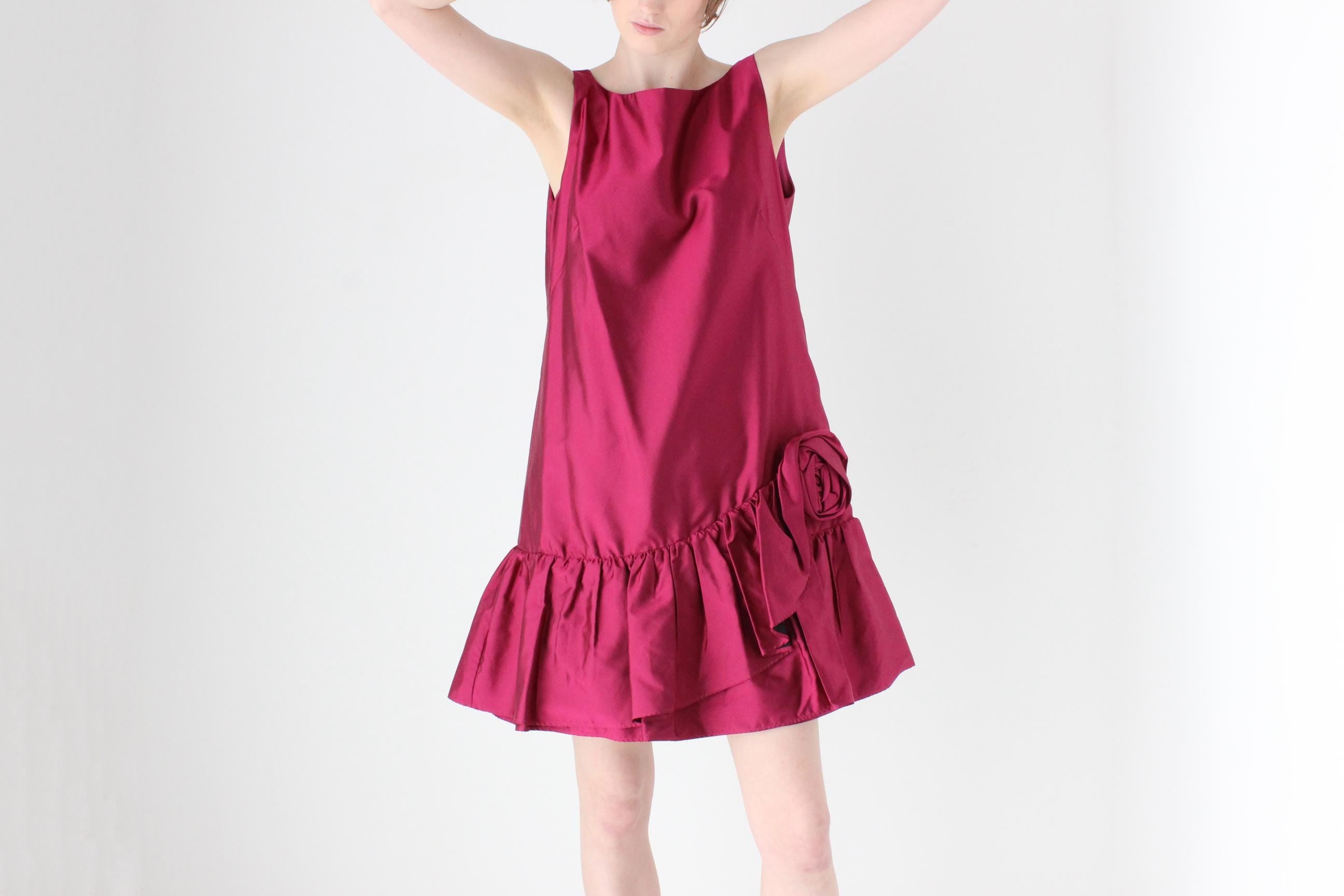 90s MOSCHINO Voluminous Silk Ruffle & Rosette Mini Tent Dress