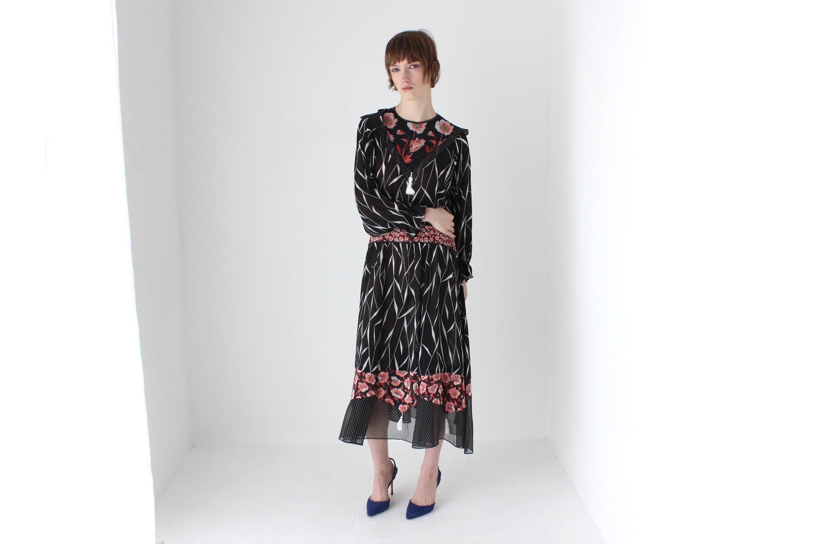 80s Designer Diane Freis Multi-Print Georgette Dress