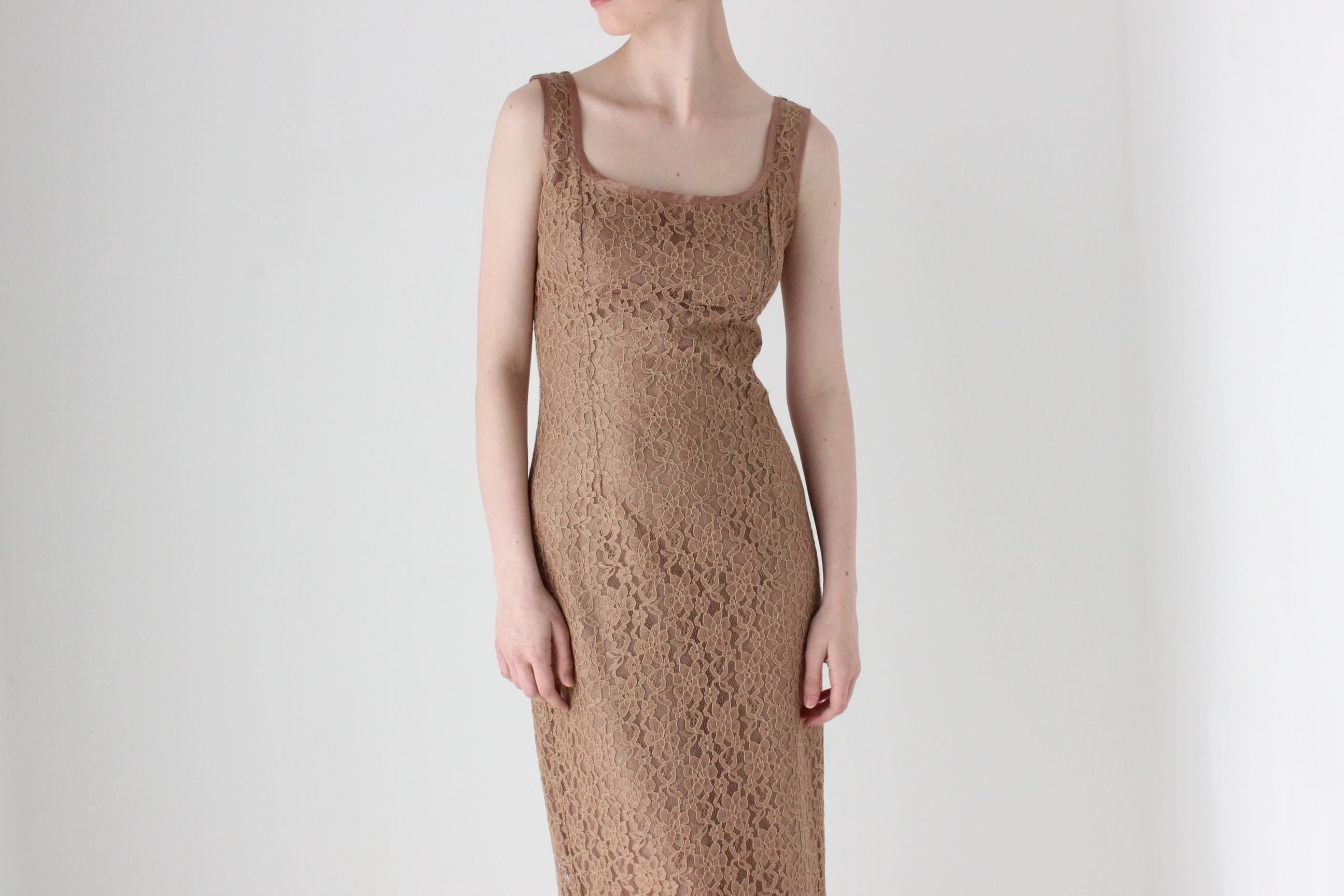 90s Caramel Lace Fitted Hourglass Dress