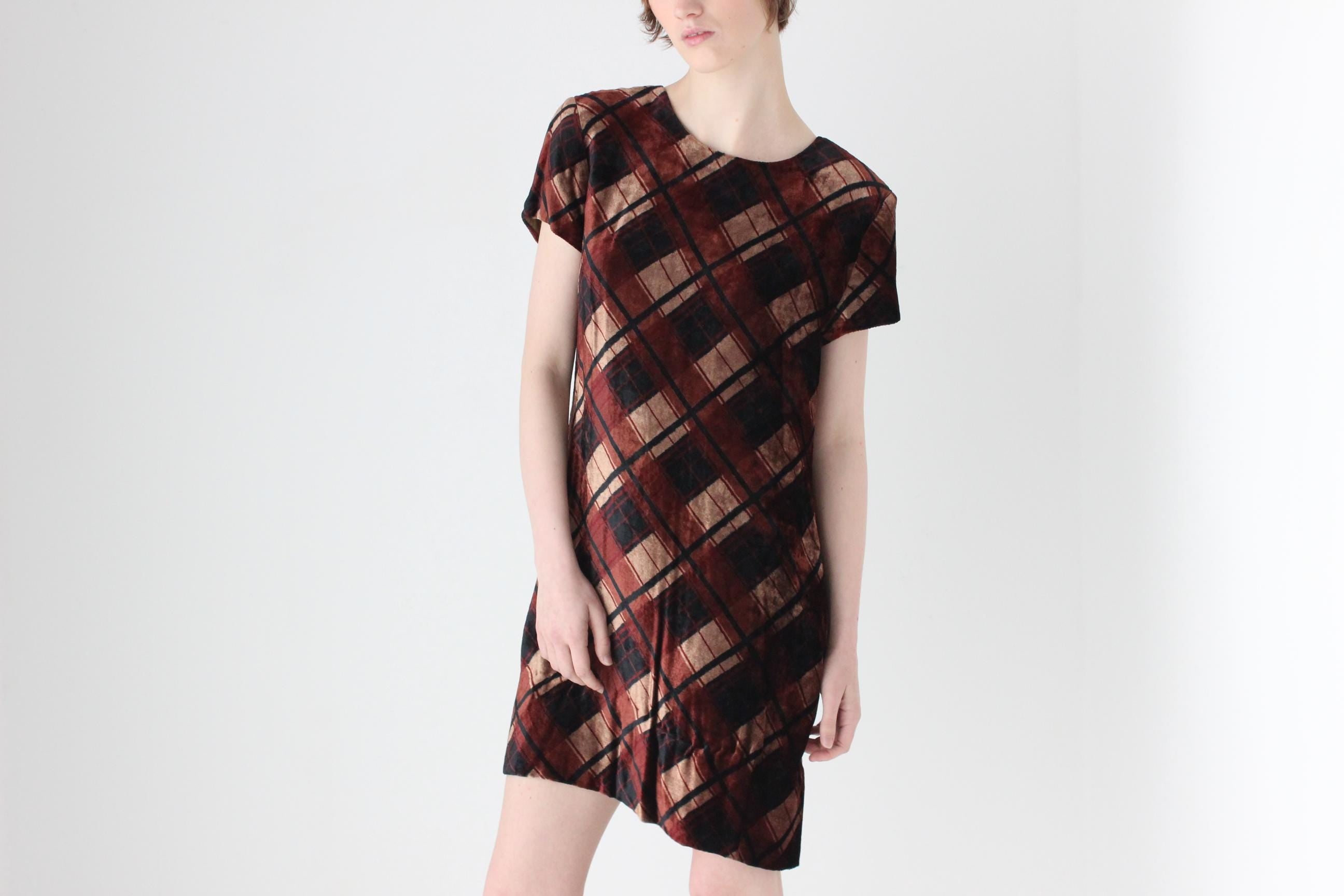 90s Chocolate Tartan Velvet Tee Mini Dress