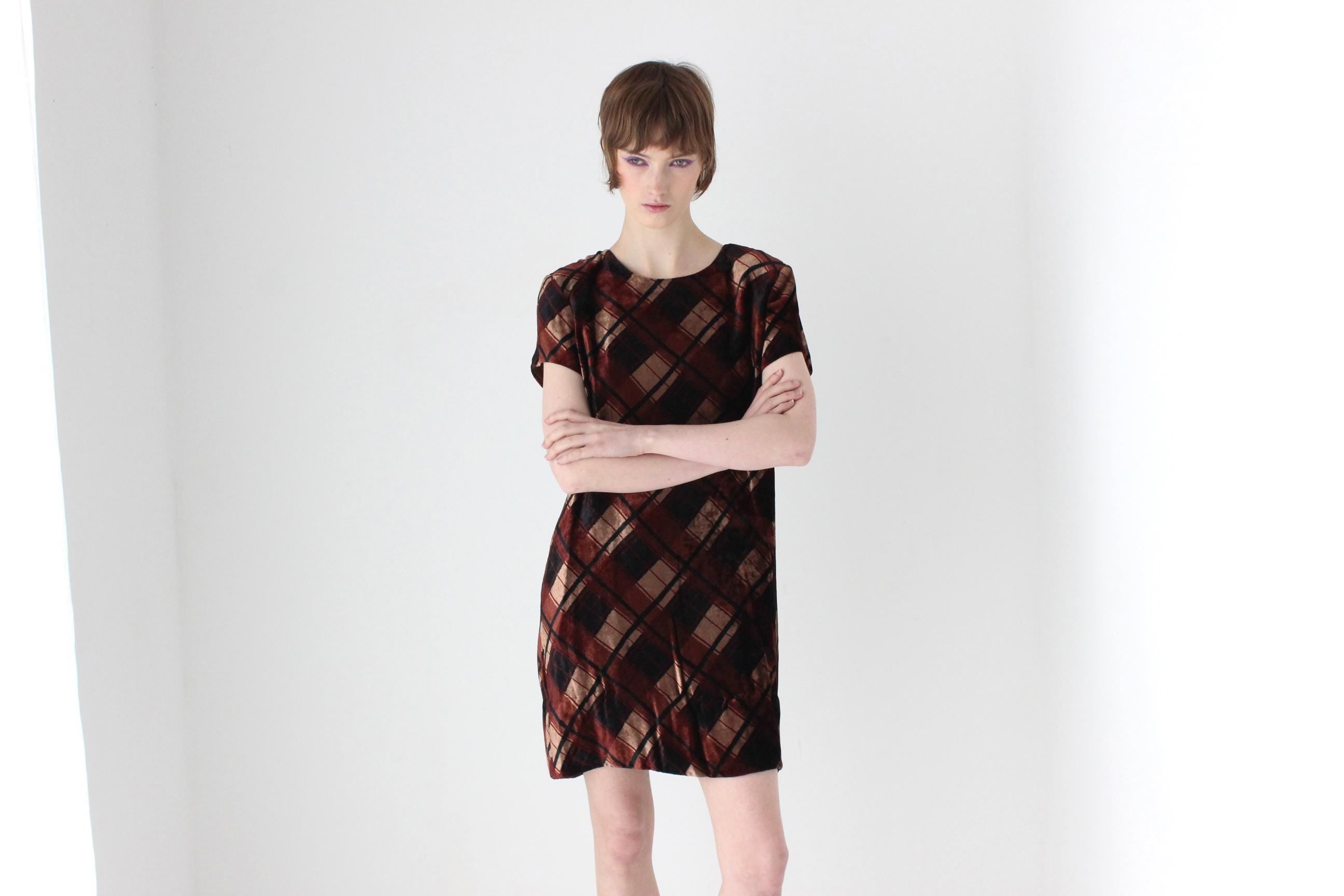 90s Chocolate Tartan Velvet Tee Mini Dress