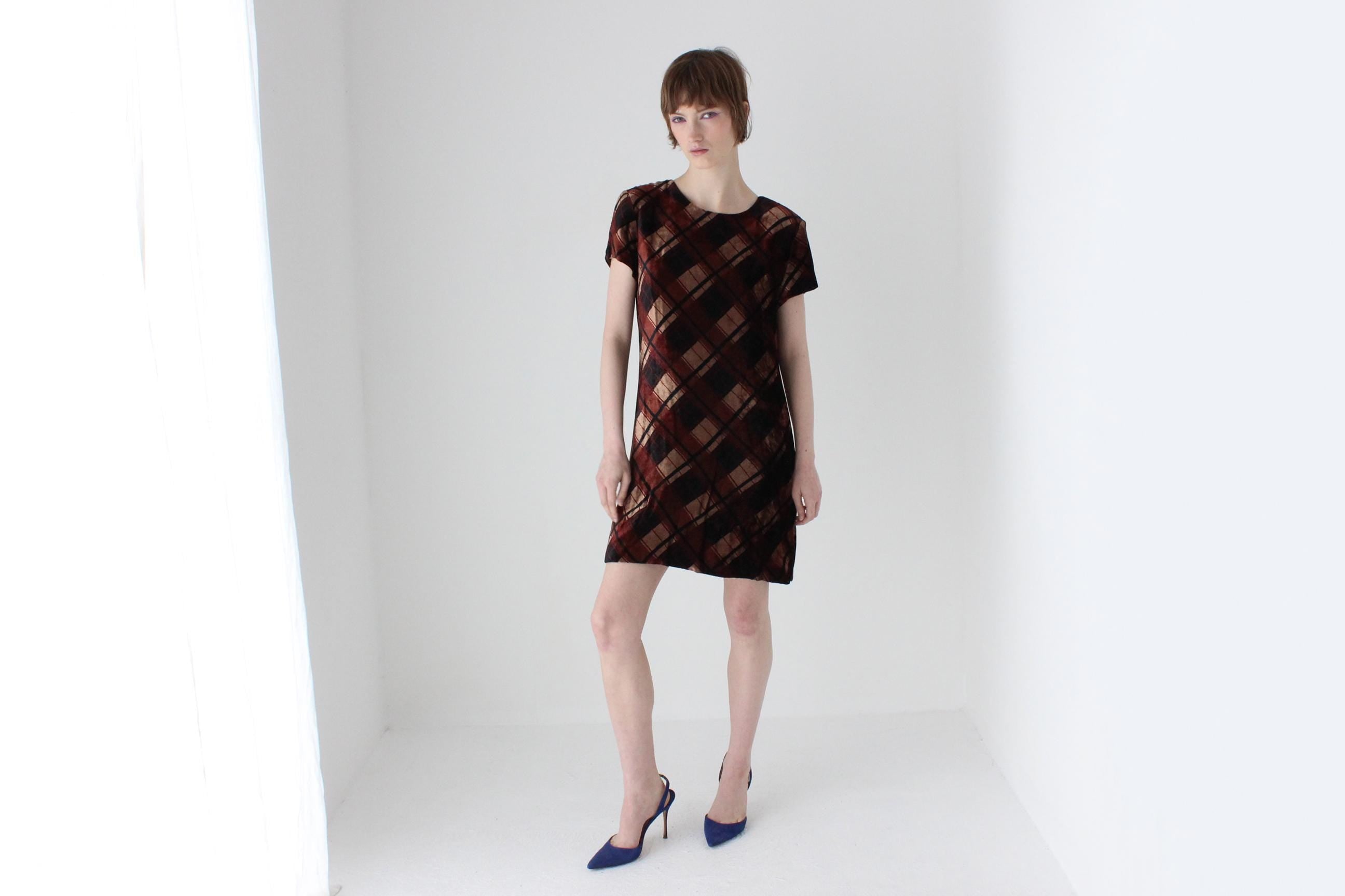 90s Chocolate Tartan Velvet Tee Mini Dress