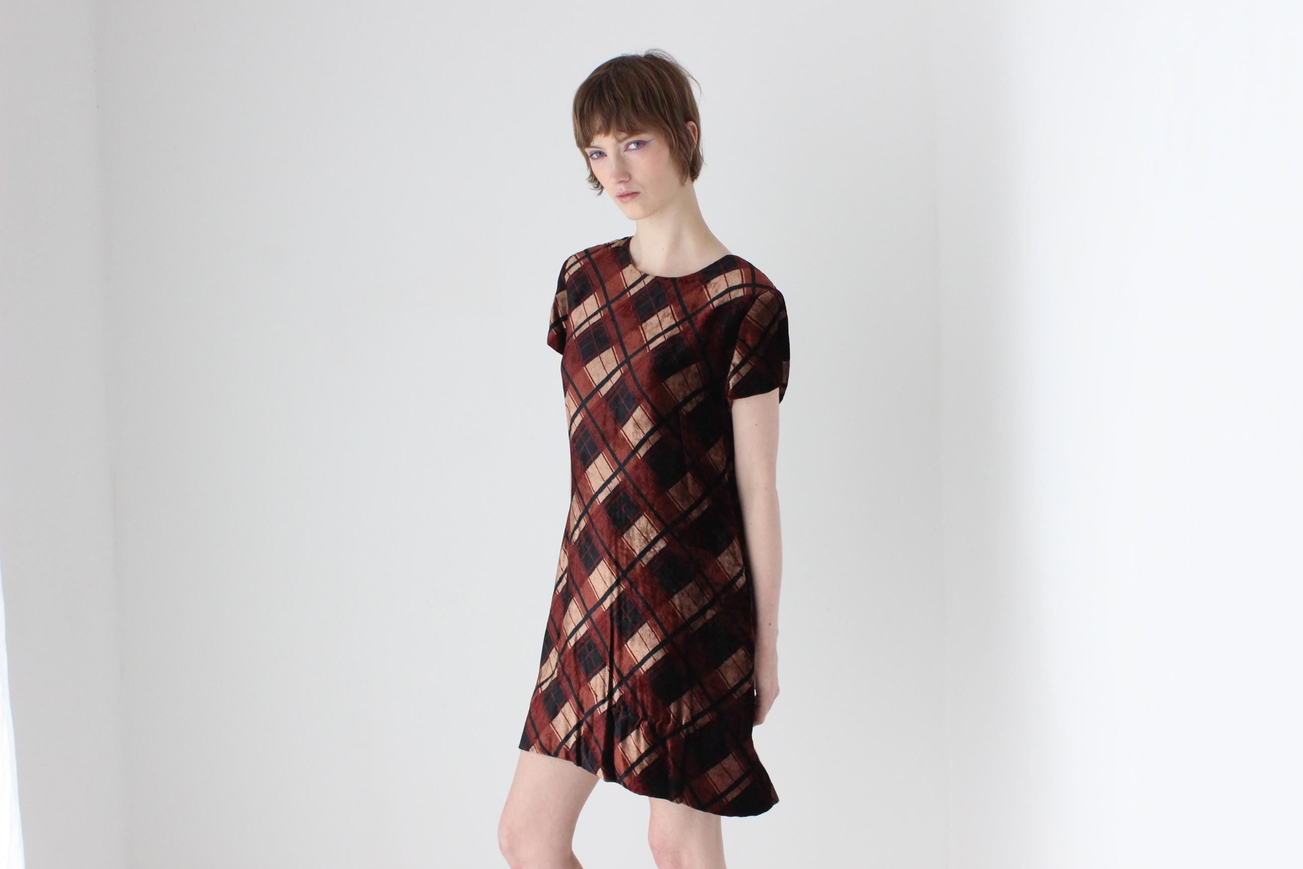 90s Chocolate Tartan Velvet Tee Mini Dress