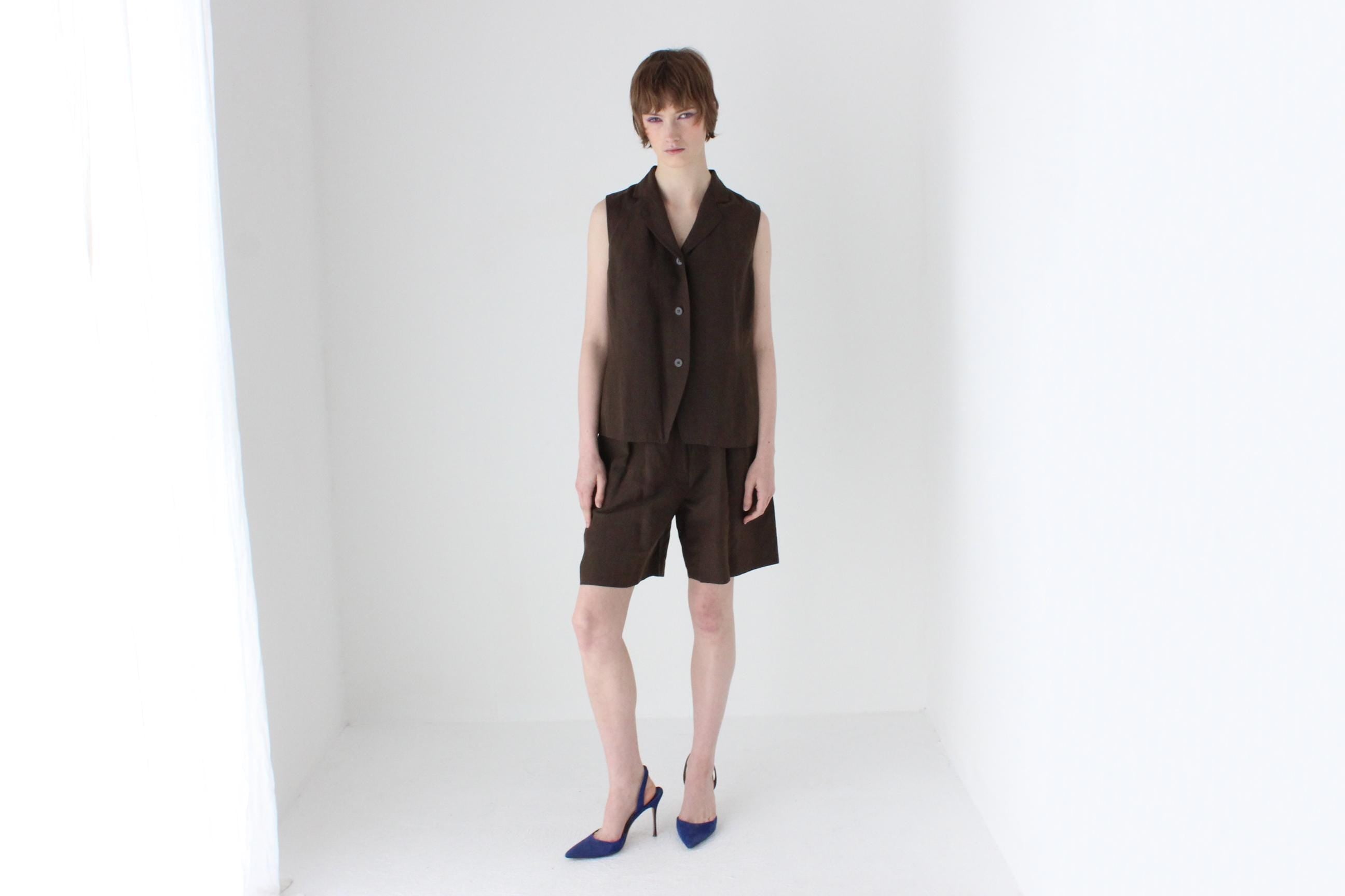 90s Chocolate Silk Linen Two Piece Waistcoat & Shorts Suit Set