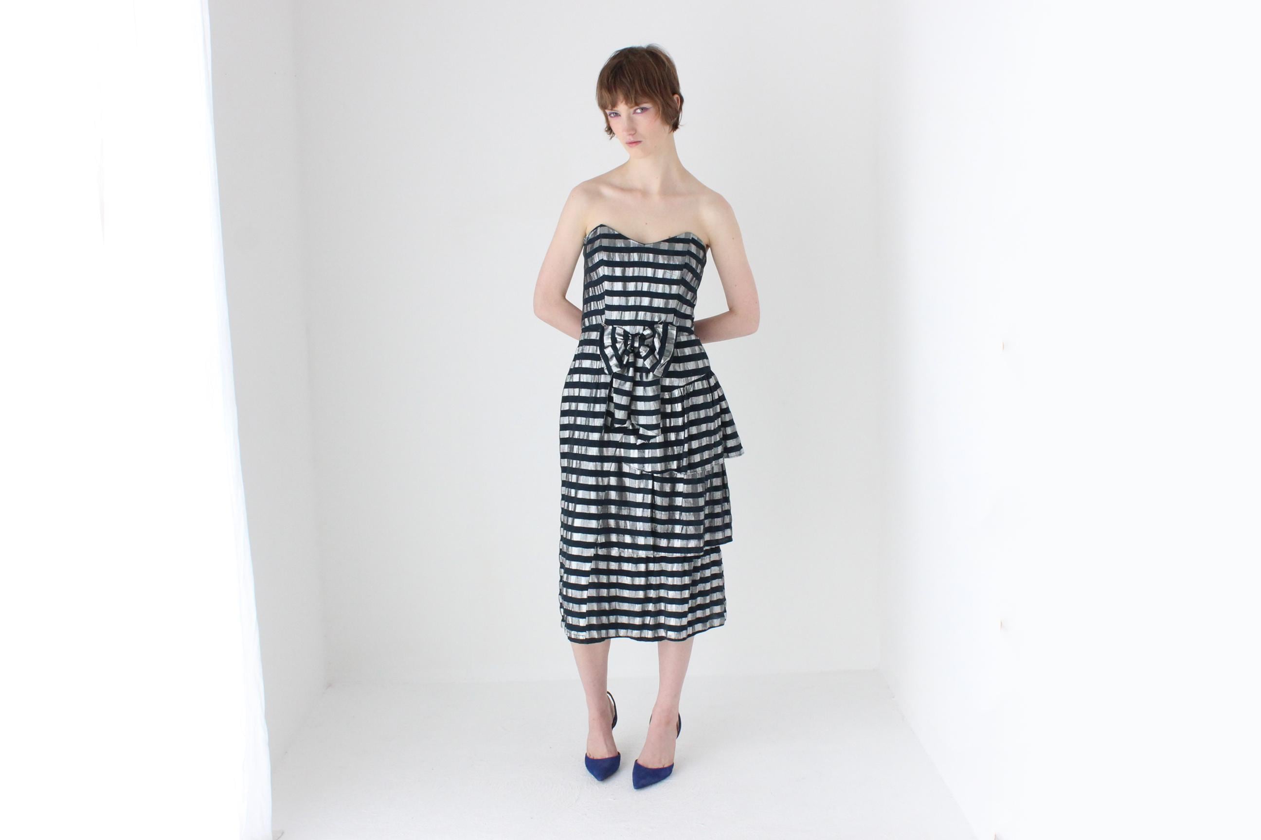 80s Silver Metallic Striped Lamé Bustier Ruffle Dress