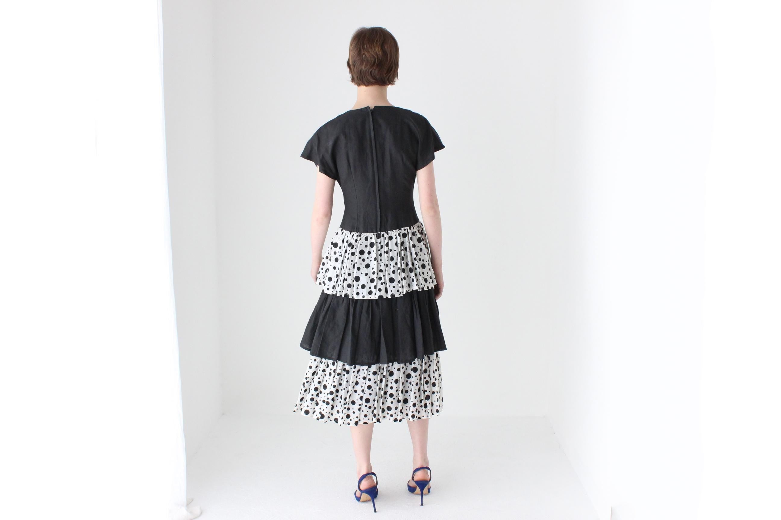 Fab 80s Tiered Cotton Linen Polka Dot Ruffle Dress