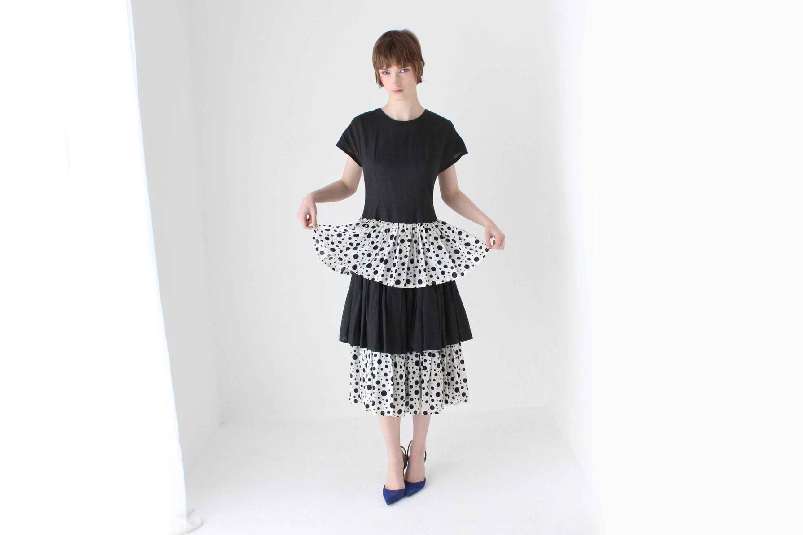 Fab 80s Tiered Cotton Linen Polka Dot Ruffle Dress