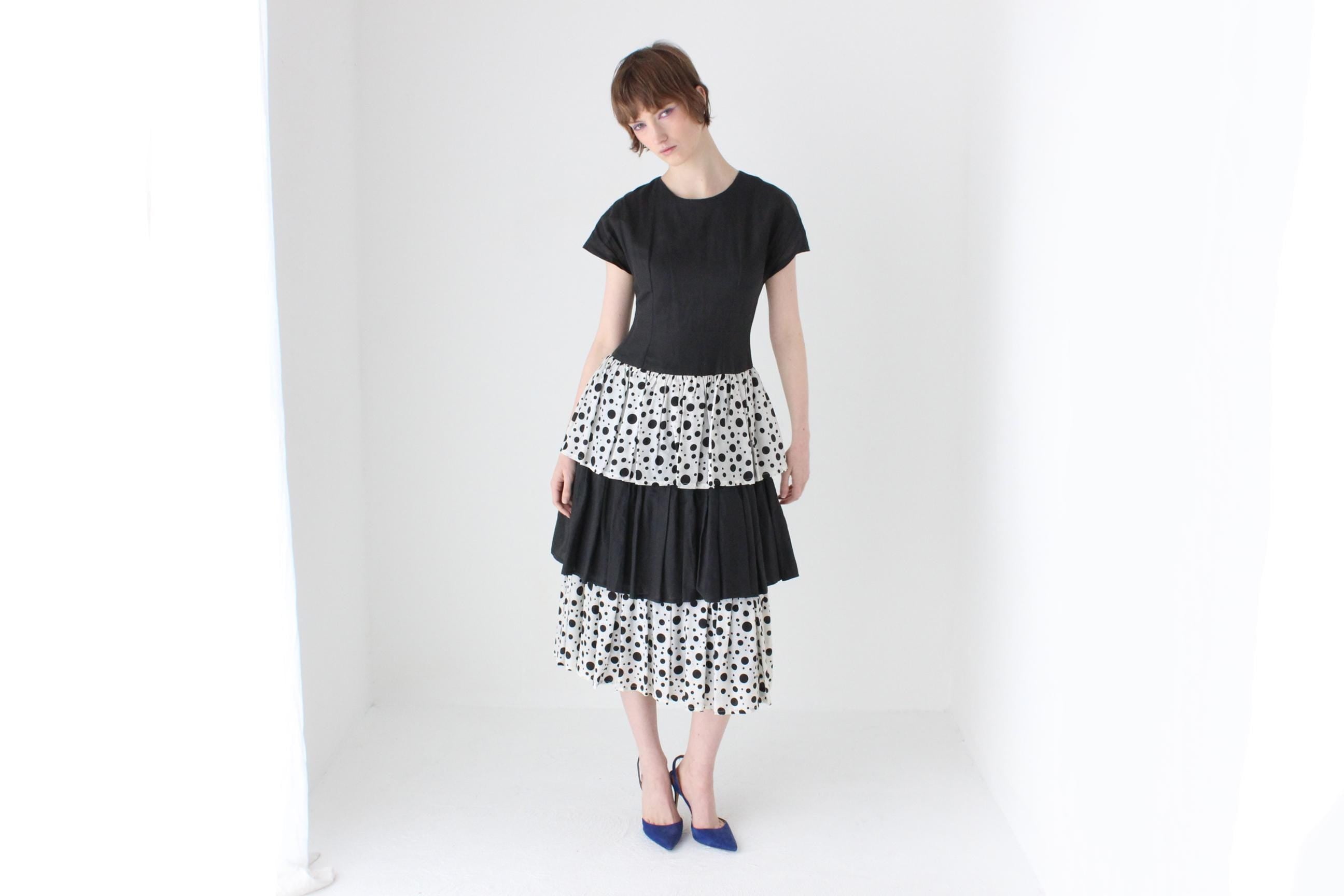 Fab 80s Tiered Cotton Linen Polka Dot Ruffle Dress