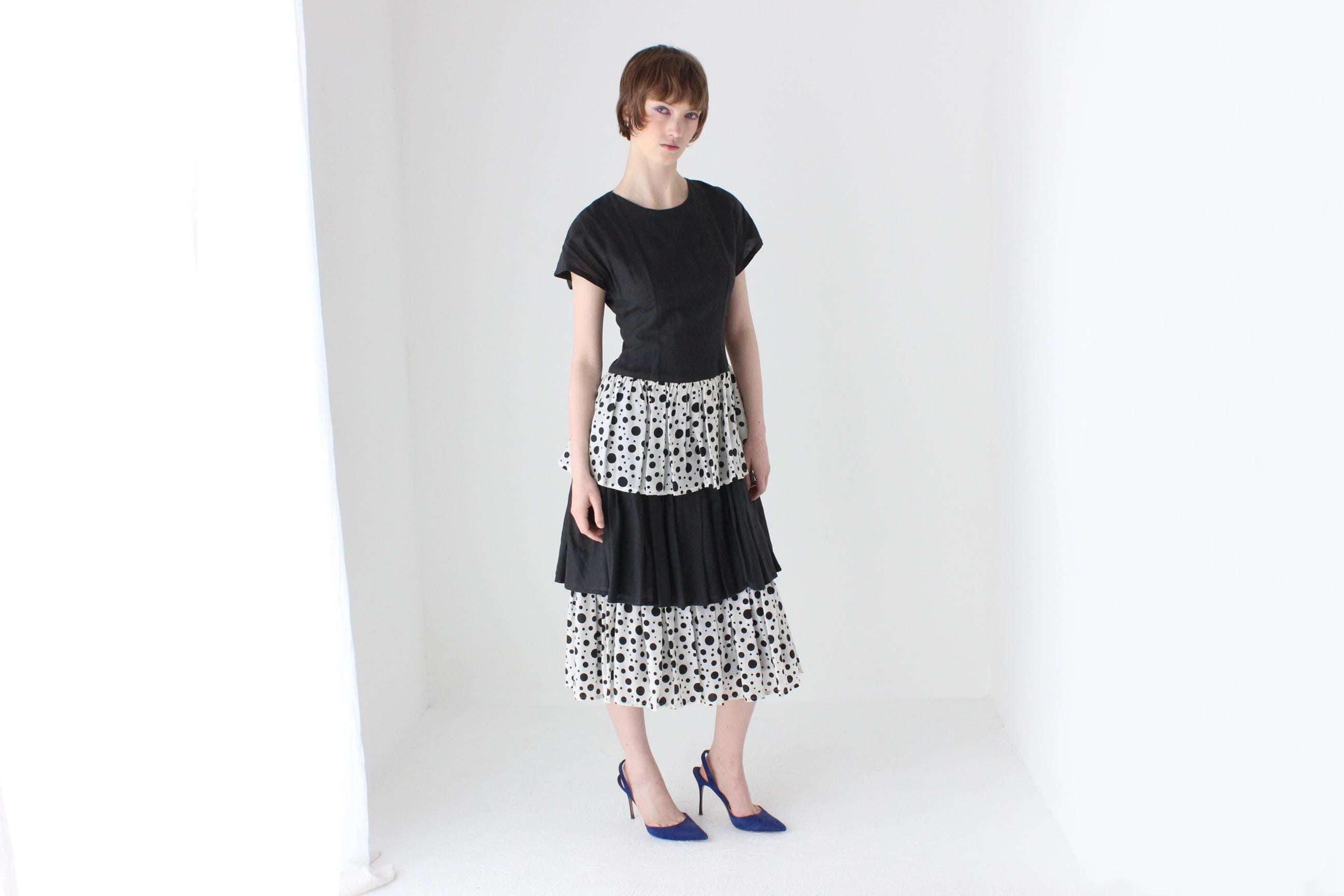 Fab 80s Tiered Cotton Linen Polka Dot Ruffle Dress