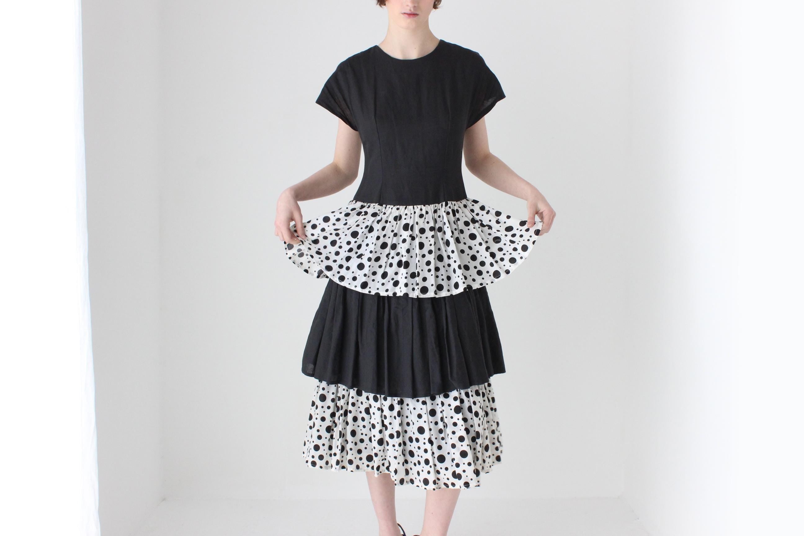 Fab 80s Tiered Cotton Linen Polka Dot Ruffle Dress