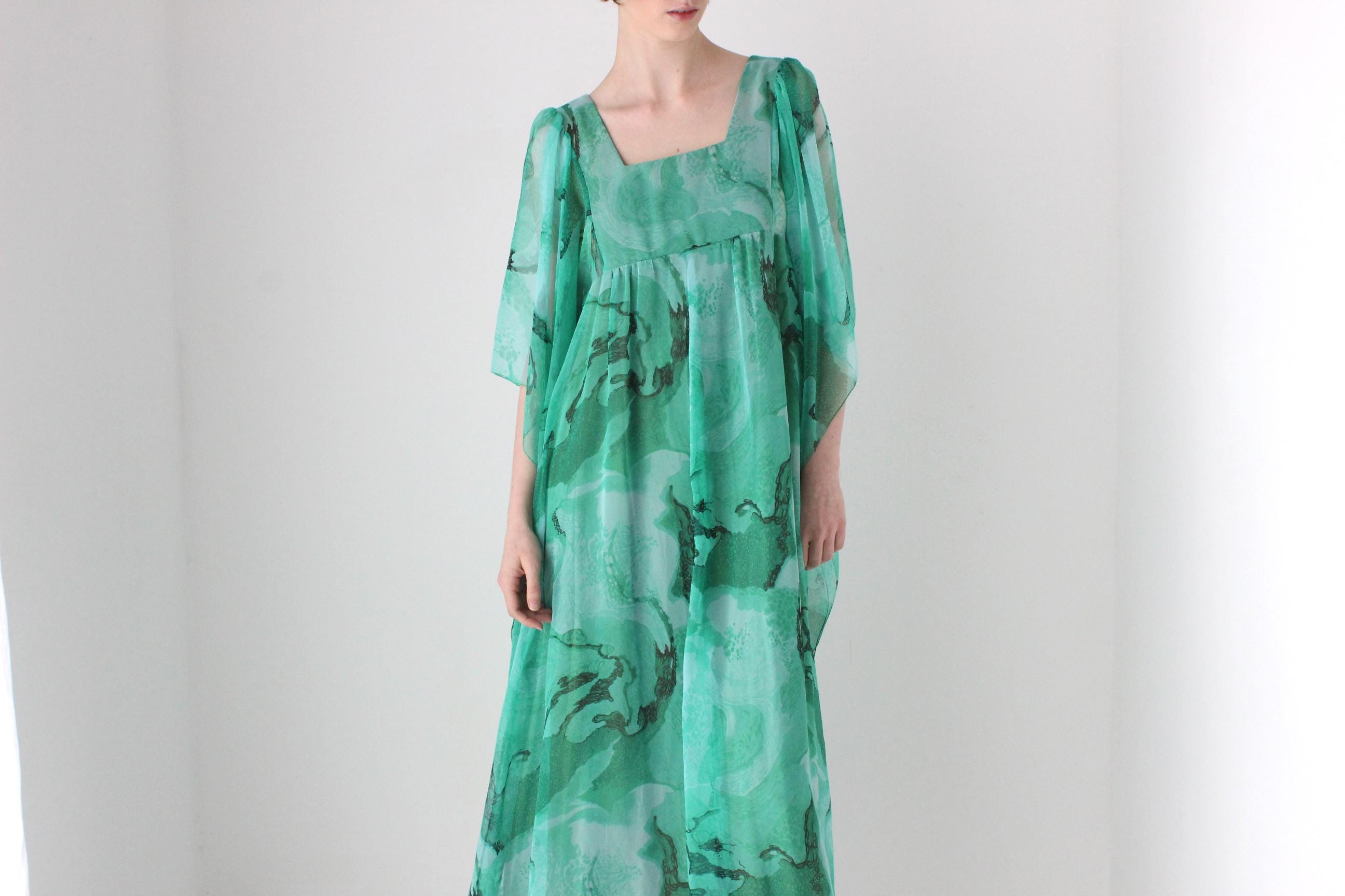 Psychedelic 70s Sheer Wing Sleeve Kaftan Party Dress