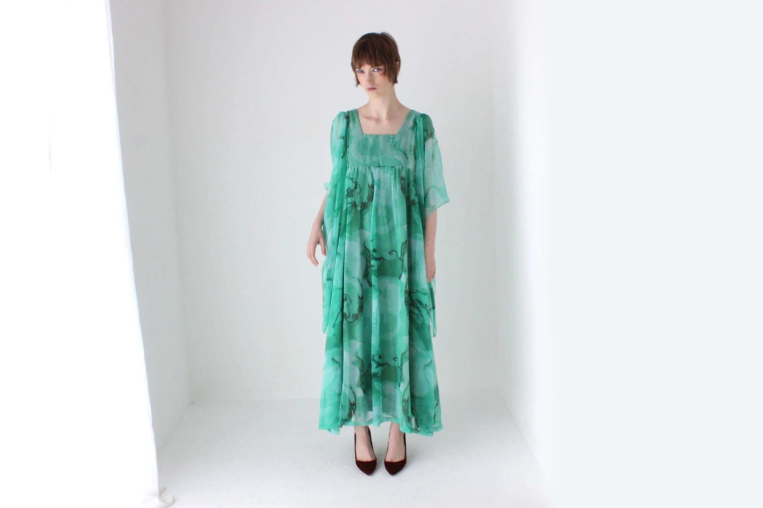 Psychedelic 70s Sheer Wing Sleeve Kaftan Party Dress