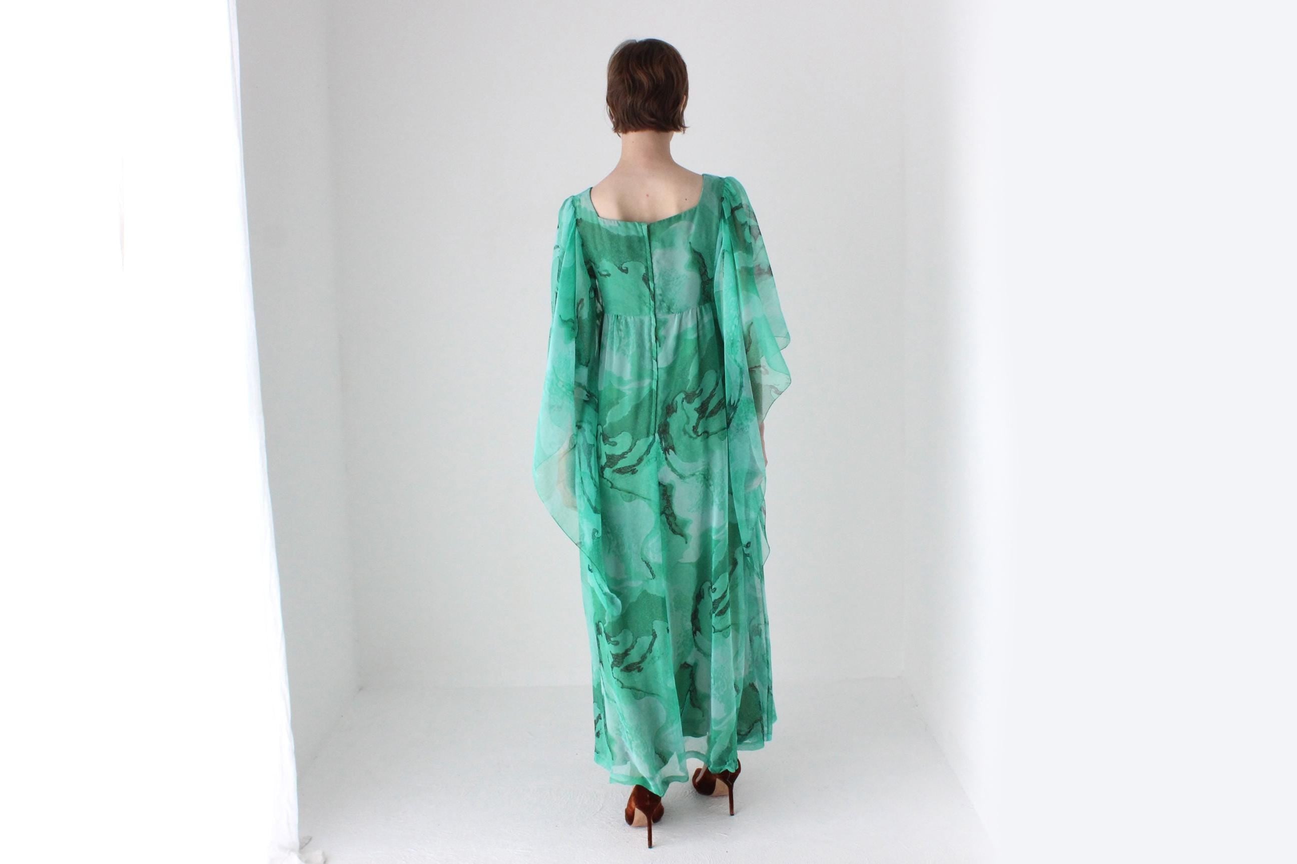 Psychedelic 70s Sheer Wing Sleeve Kaftan Party Dress