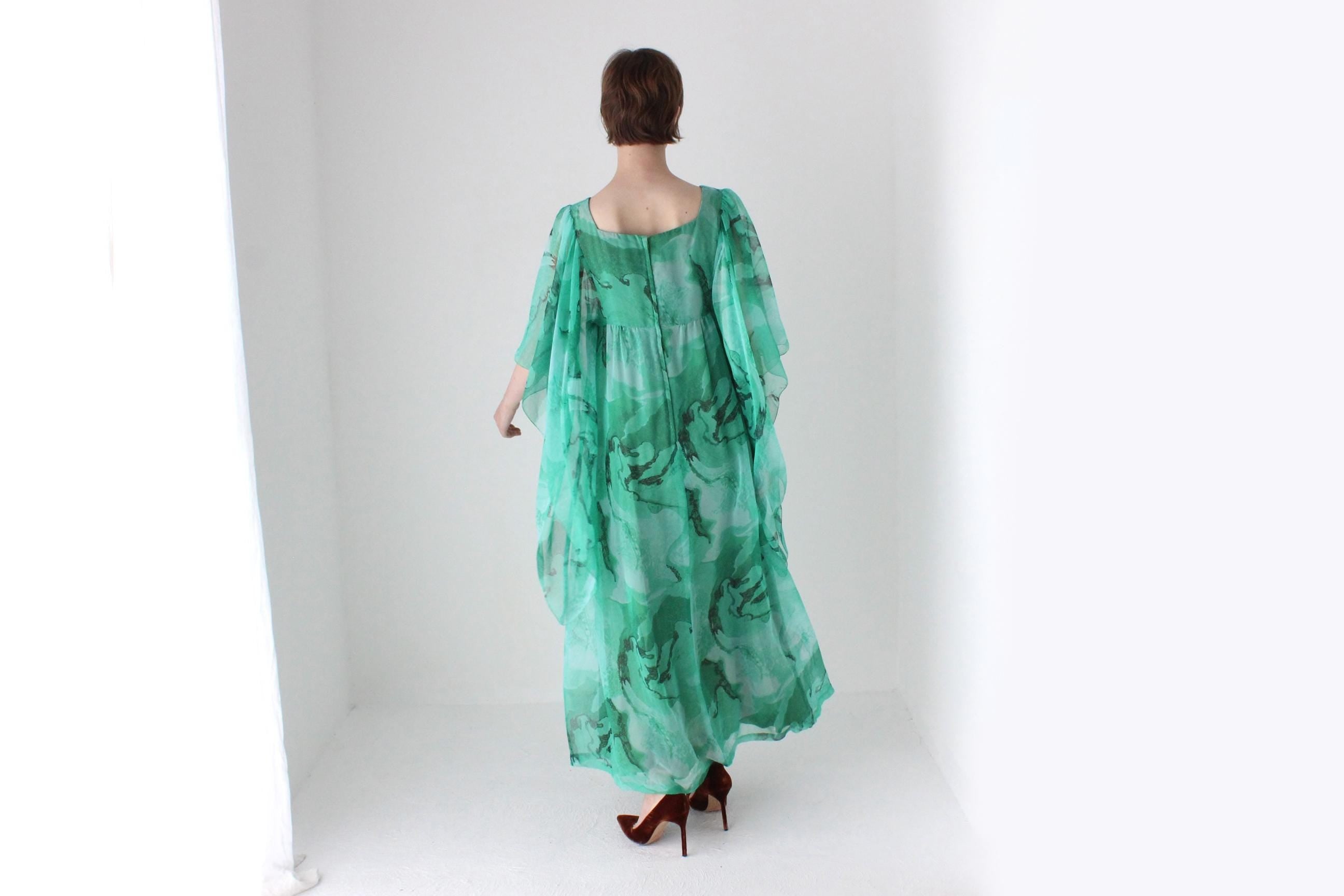 Psychedelic 70s Sheer Wing Sleeve Kaftan Party Dress