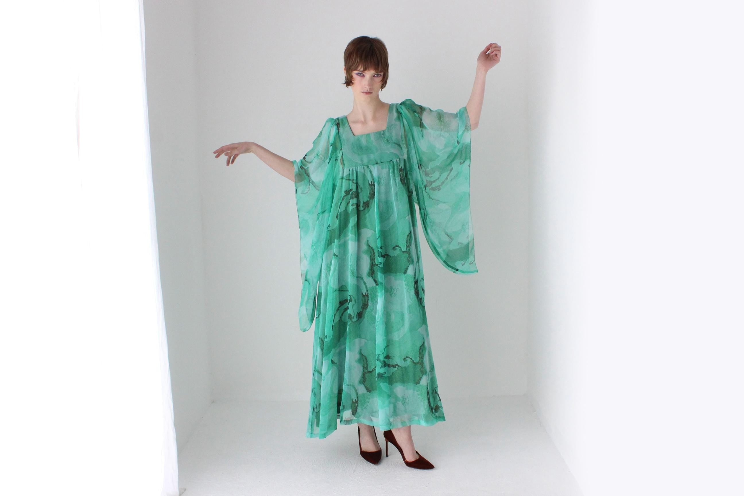 Psychedelic 70s Sheer Wing Sleeve Kaftan Party Dress