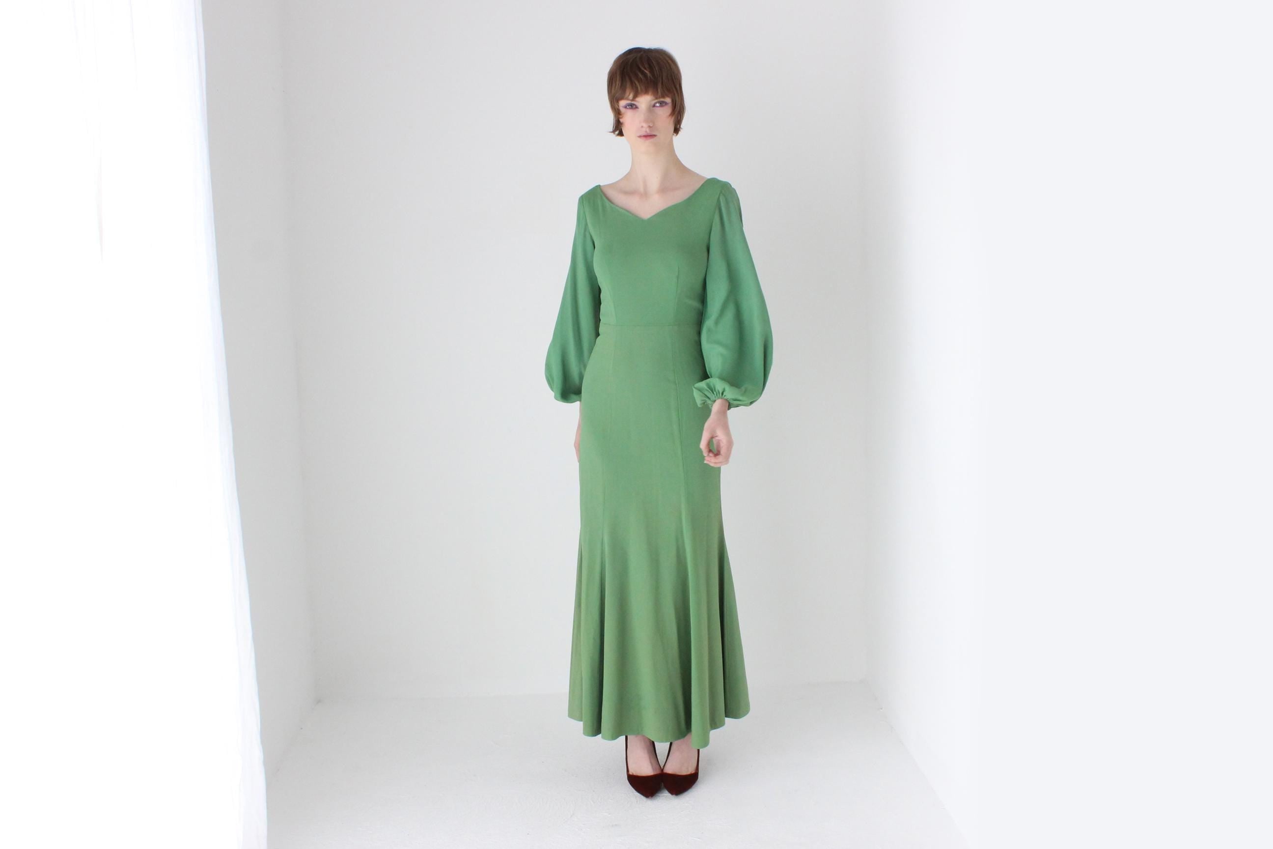 70s Apple Green Jersey Blouson Sleeve Dress w/ Tie Up Back by Leon Haskin