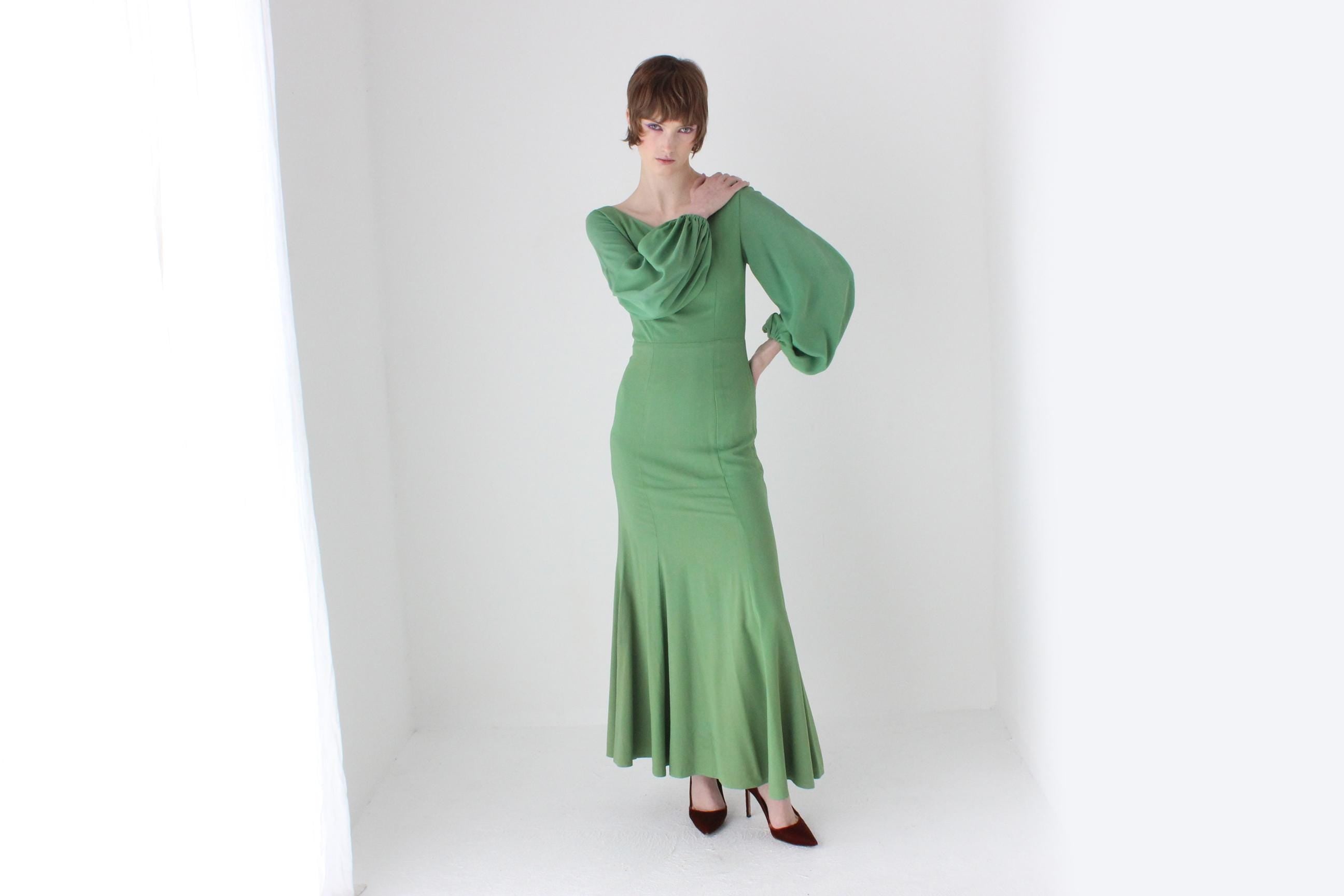 70s Apple Green Jersey Blouson Sleeve Dress w/ Tie Up Back by Leon Haskin