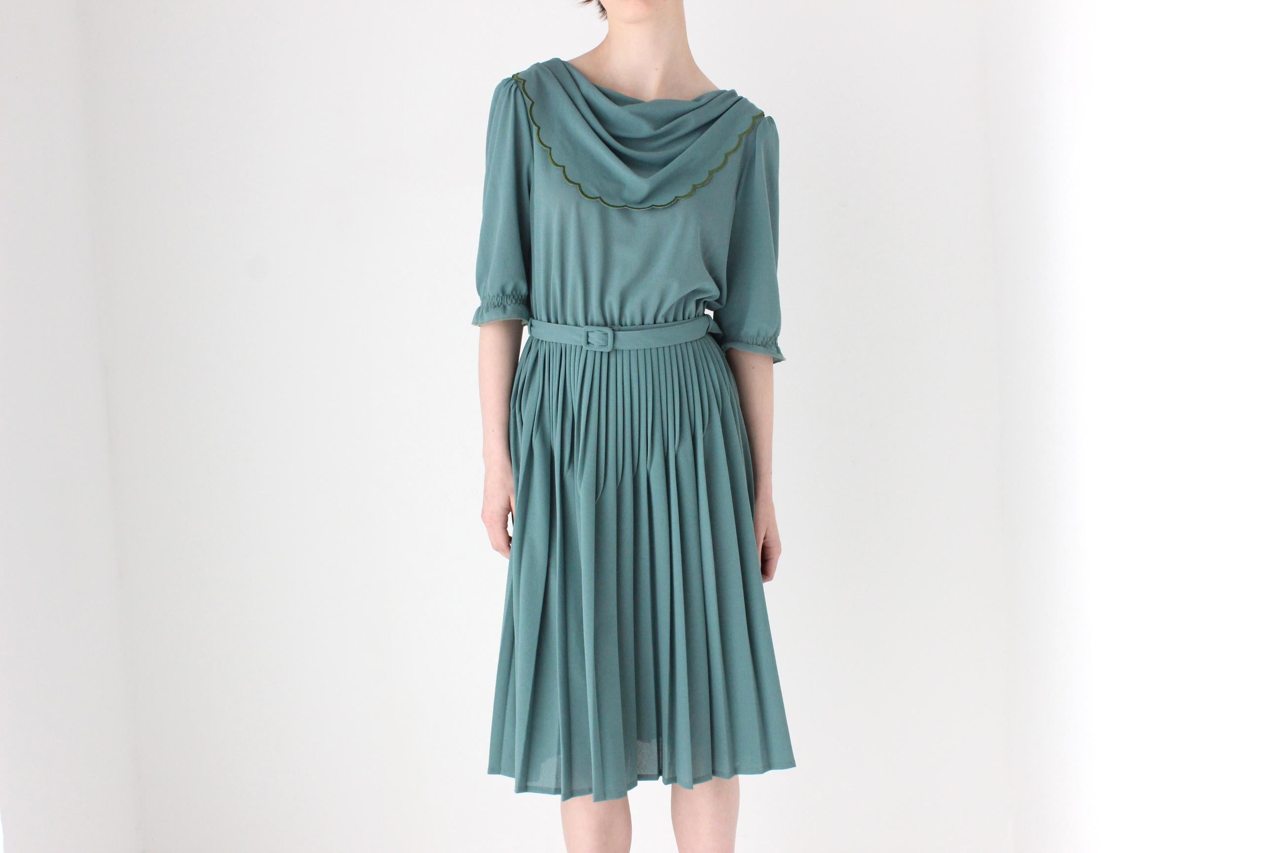 80s Teal Crepe Scalloped Collar Dress