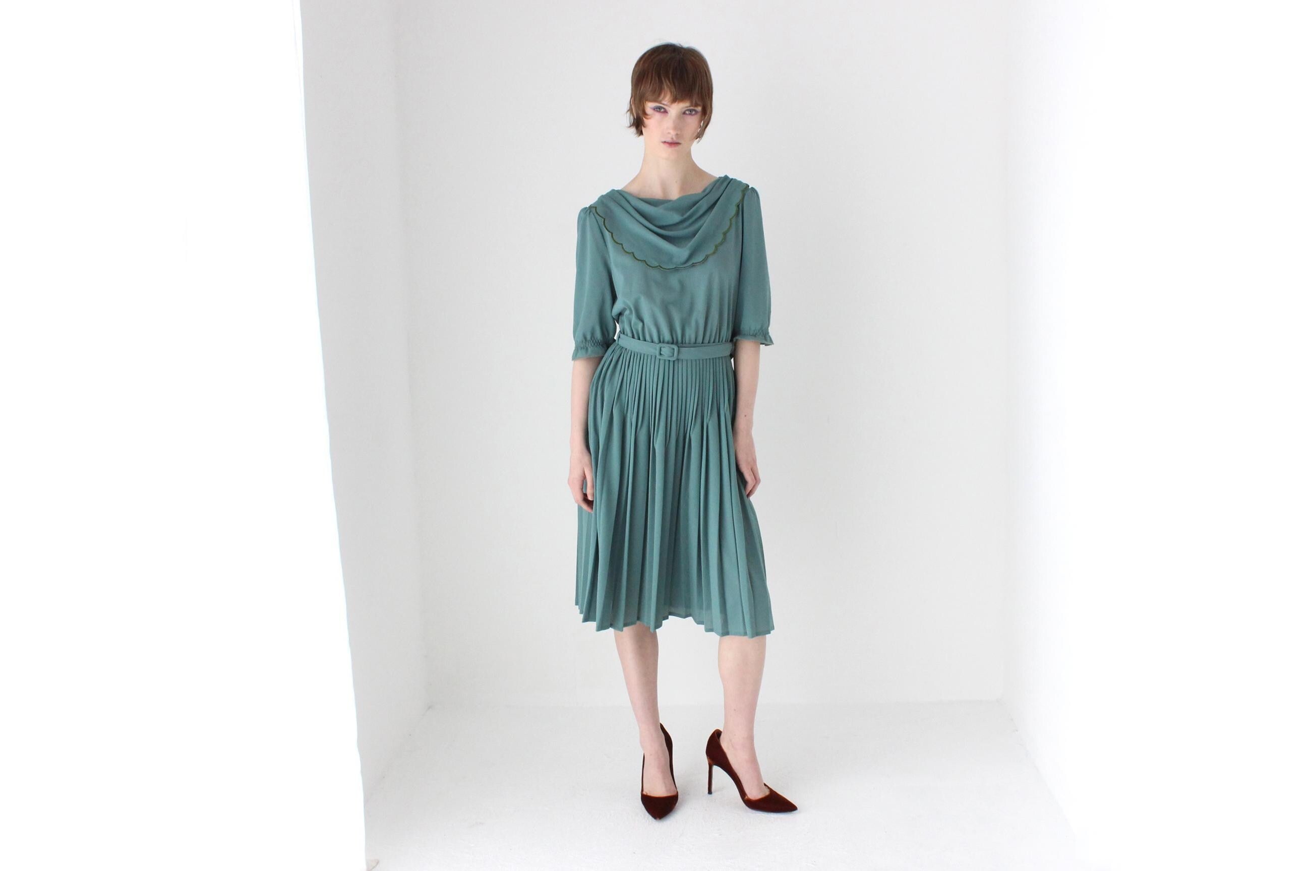 80s Teal Crepe Scalloped Collar Dress