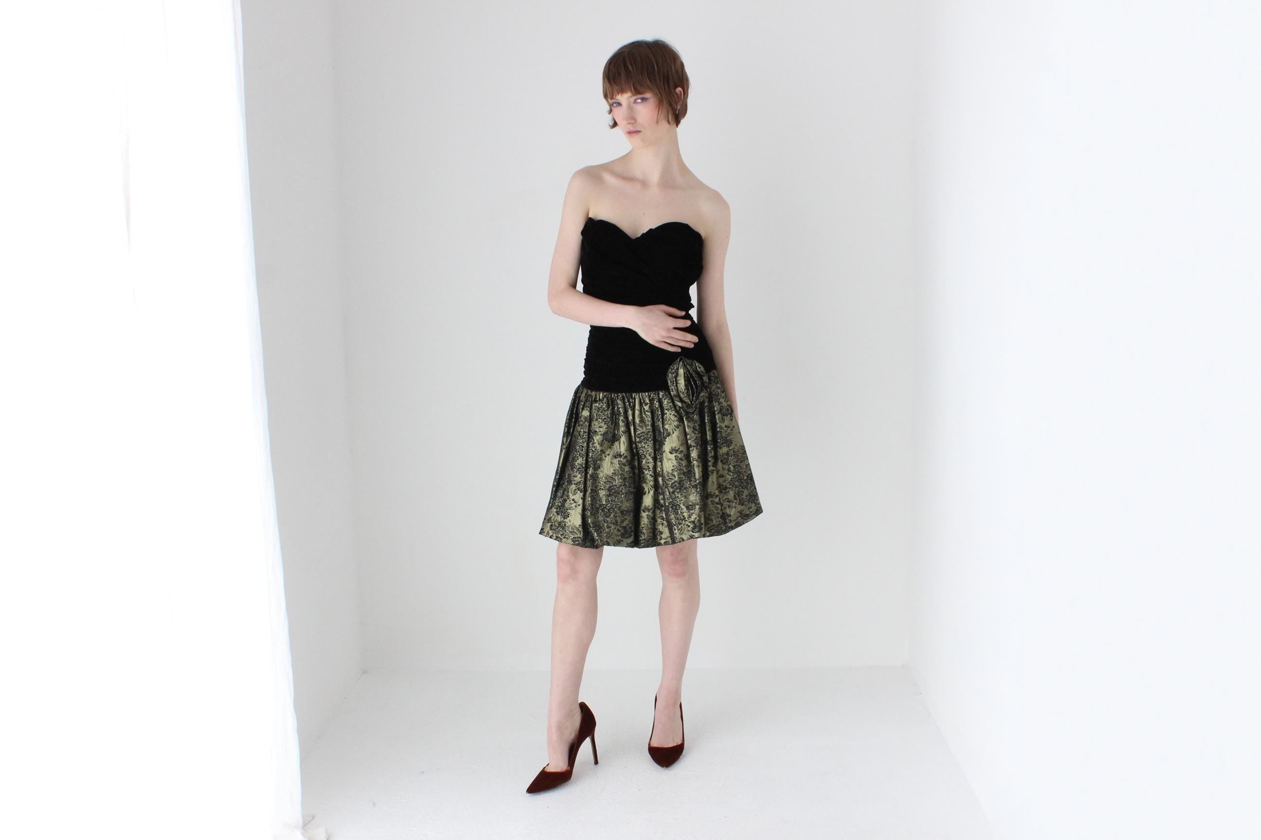 80s Gold Brocade & Black Velvet Strapless Bubble Mini