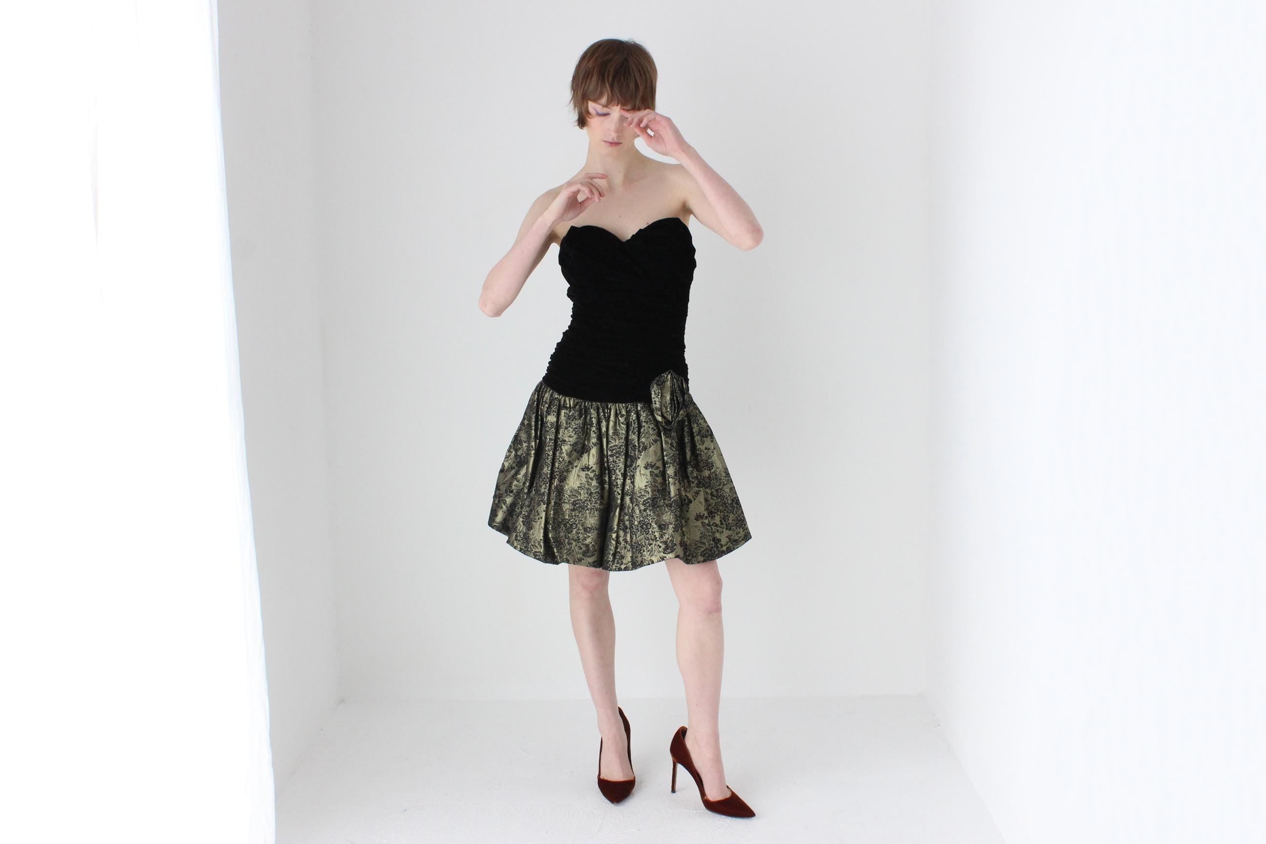 80s Gold Brocade & Black Velvet Strapless Bubble Mini