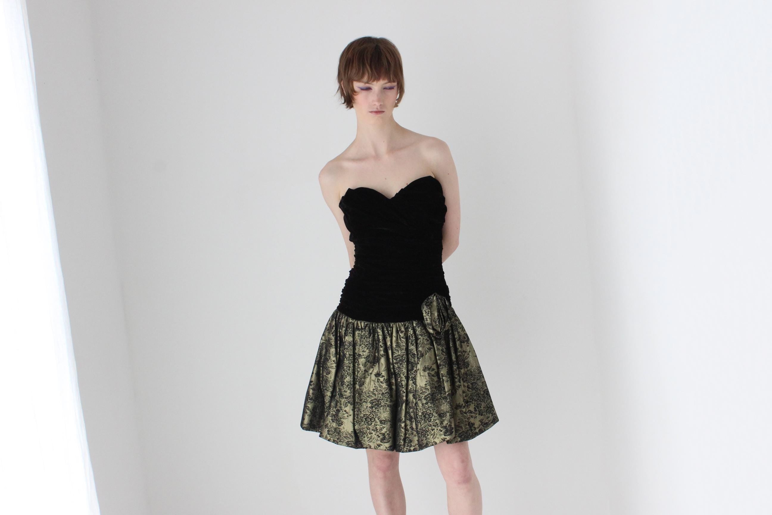 80s Gold Brocade & Black Velvet Strapless Bubble Mini