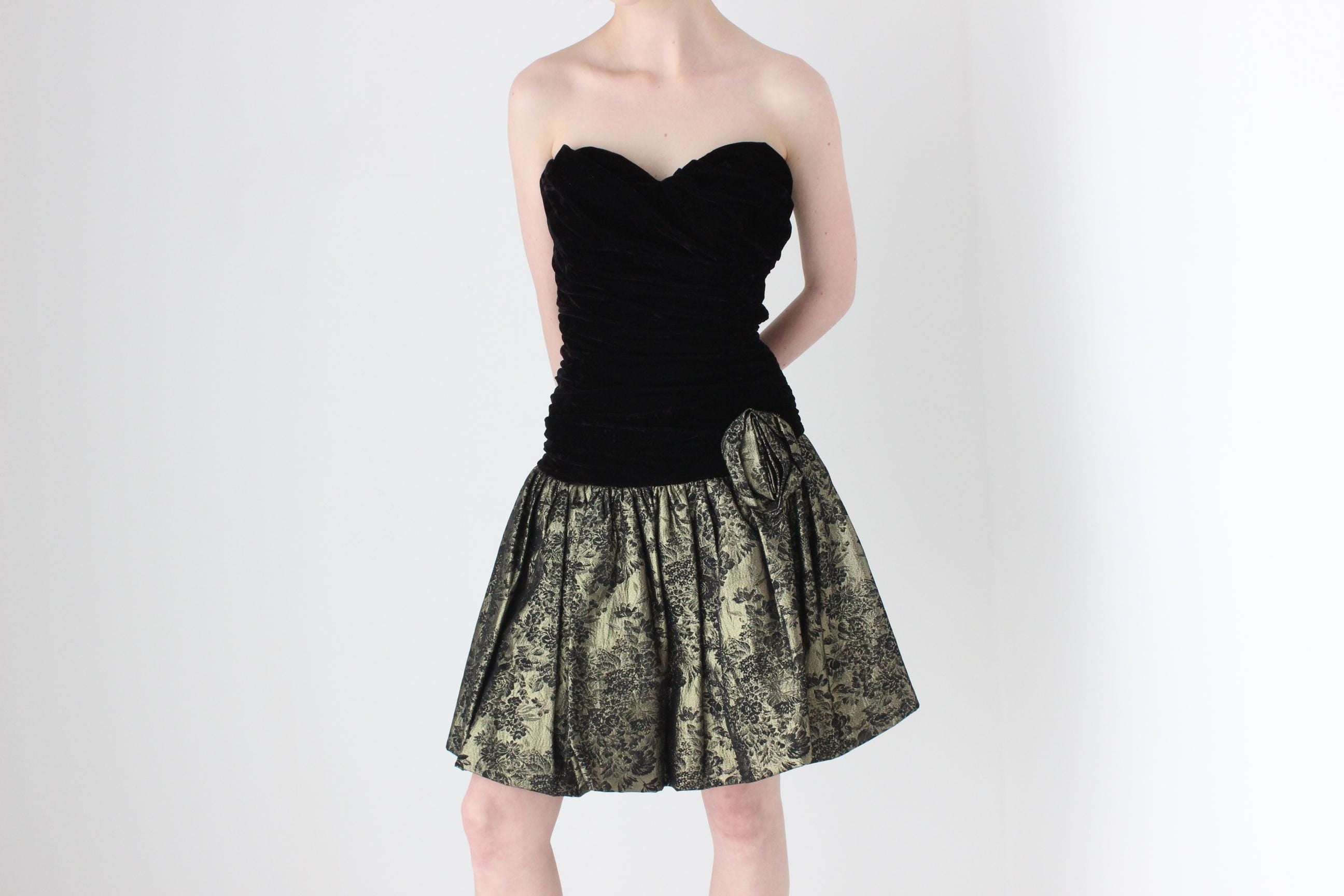 80s Gold Brocade & Black Velvet Strapless Bubble Mini