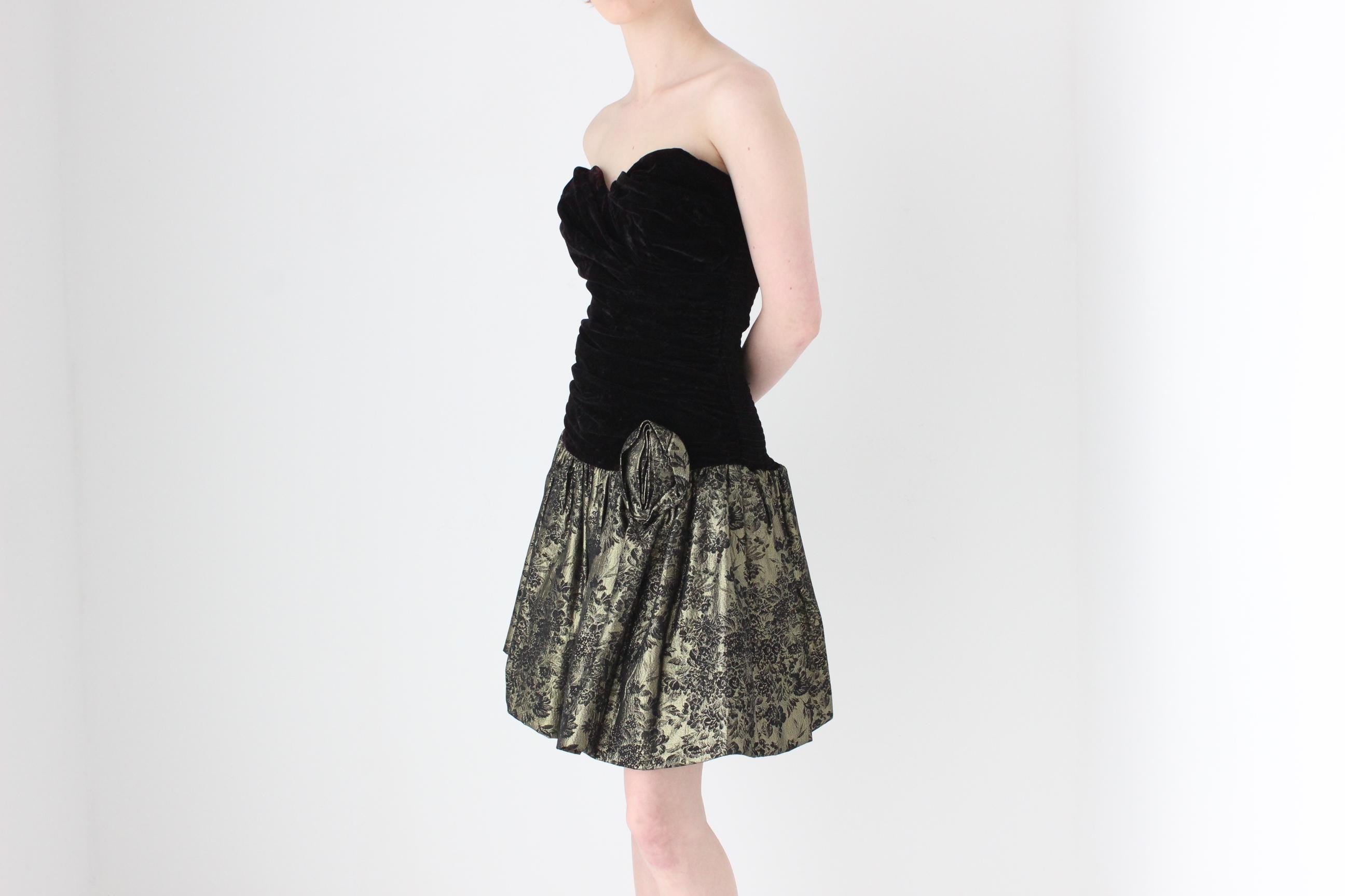 80s Gold Brocade & Black Velvet Strapless Bubble Mini