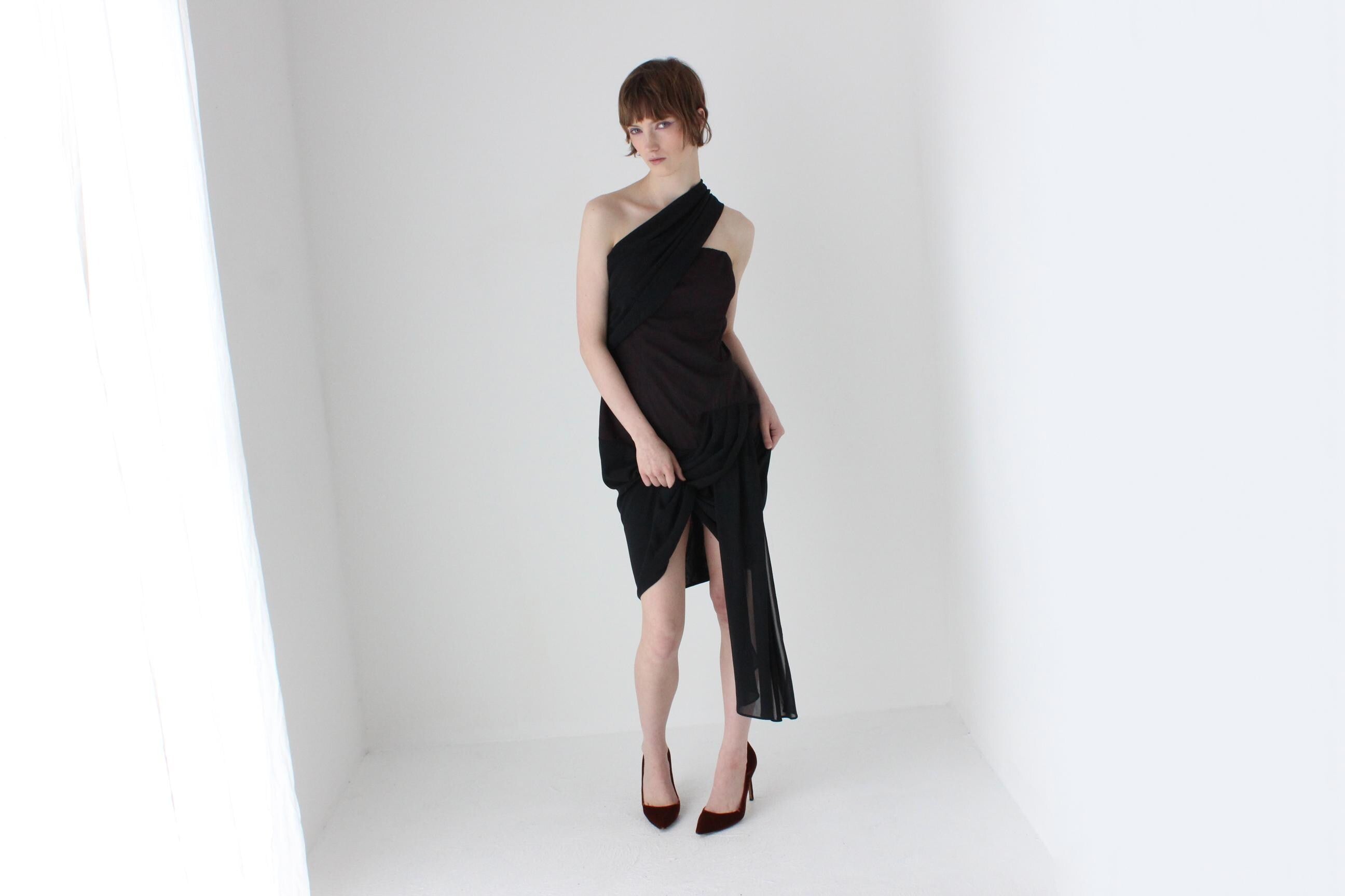 80s Asymmetric Draped Chiffon Cocktail Dress by Covers