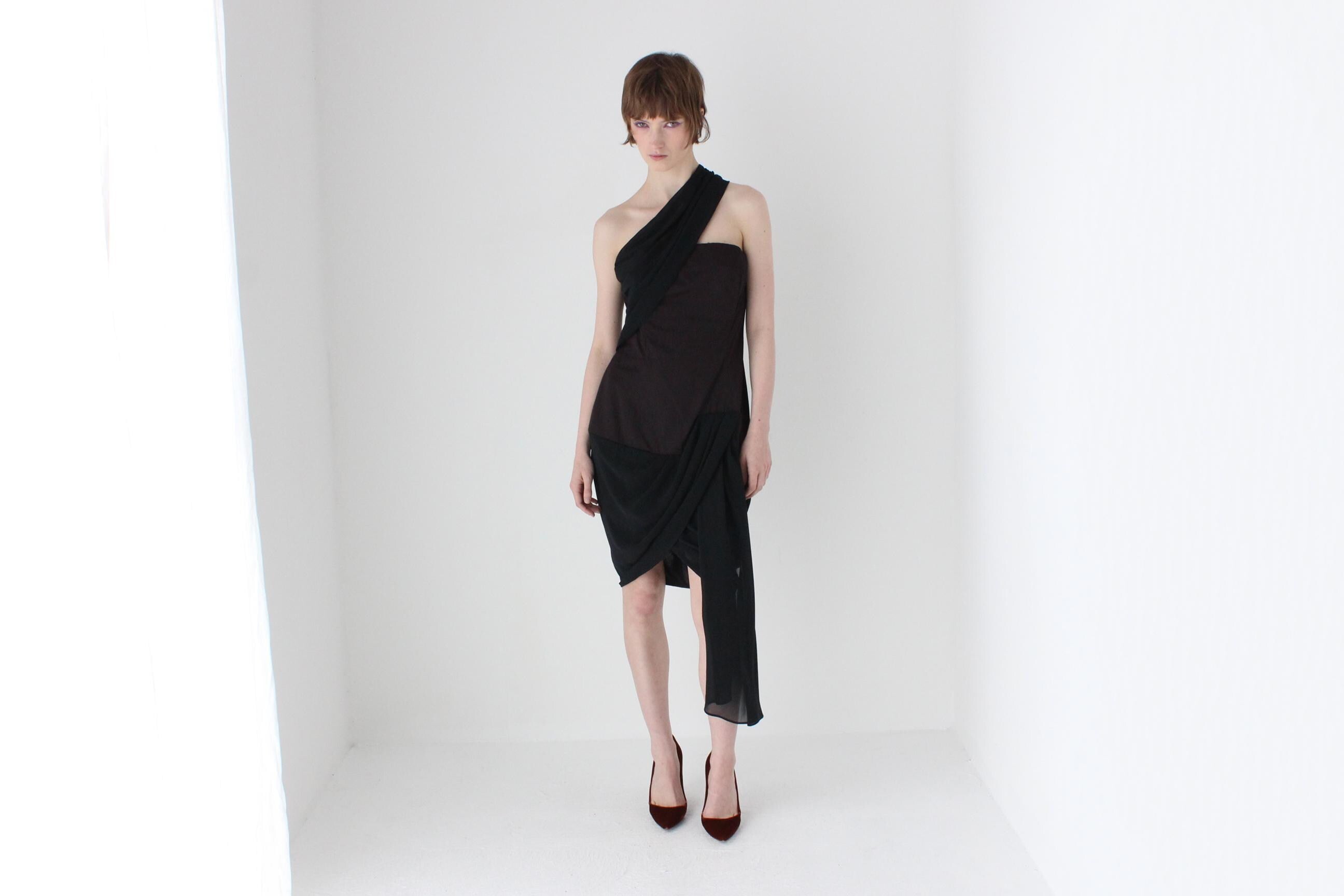 80s Asymmetric Draped Chiffon Cocktail Dress by Covers