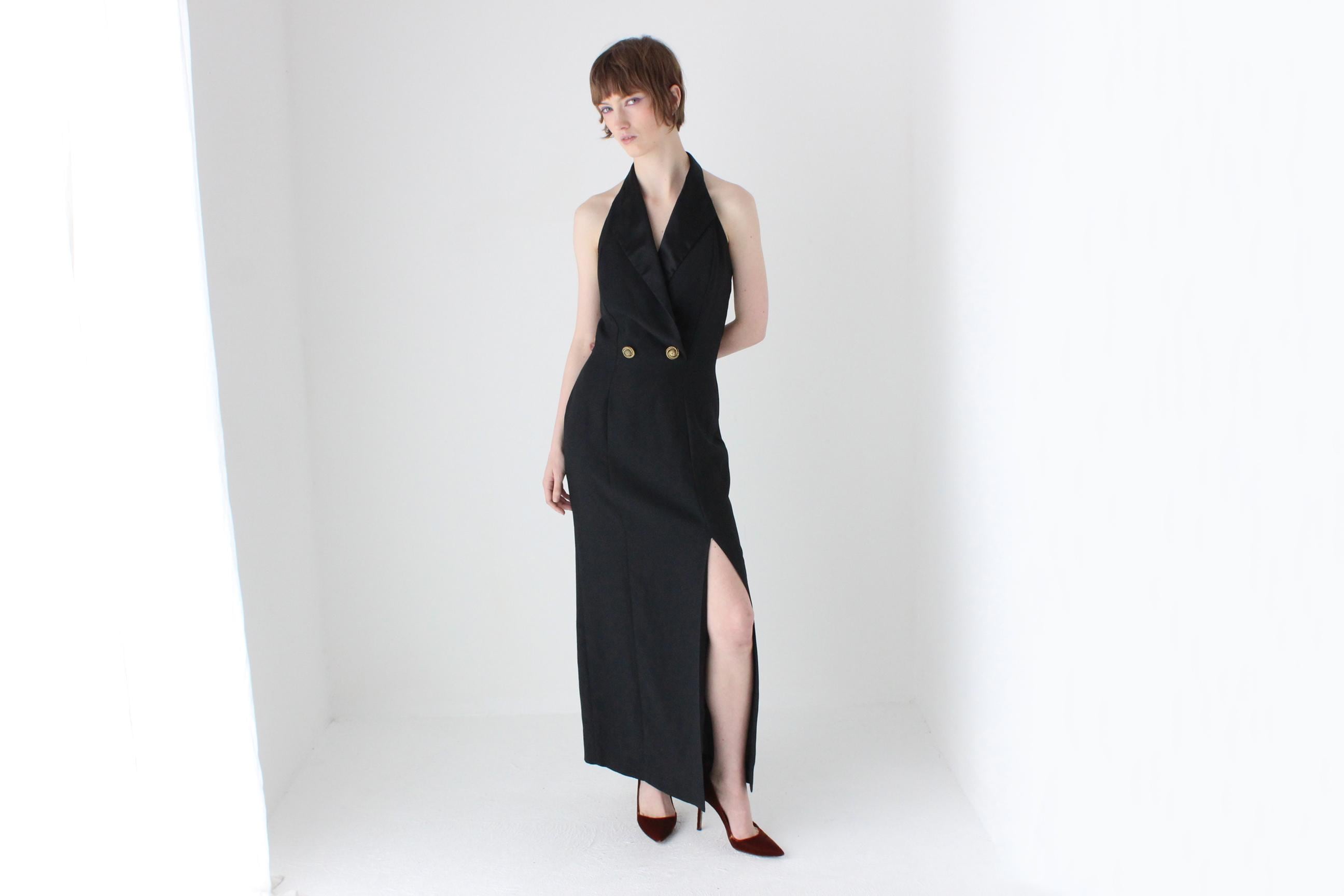 Elegant 80s Crepe Tuxedo Plunge Halter Neck Formal Gown