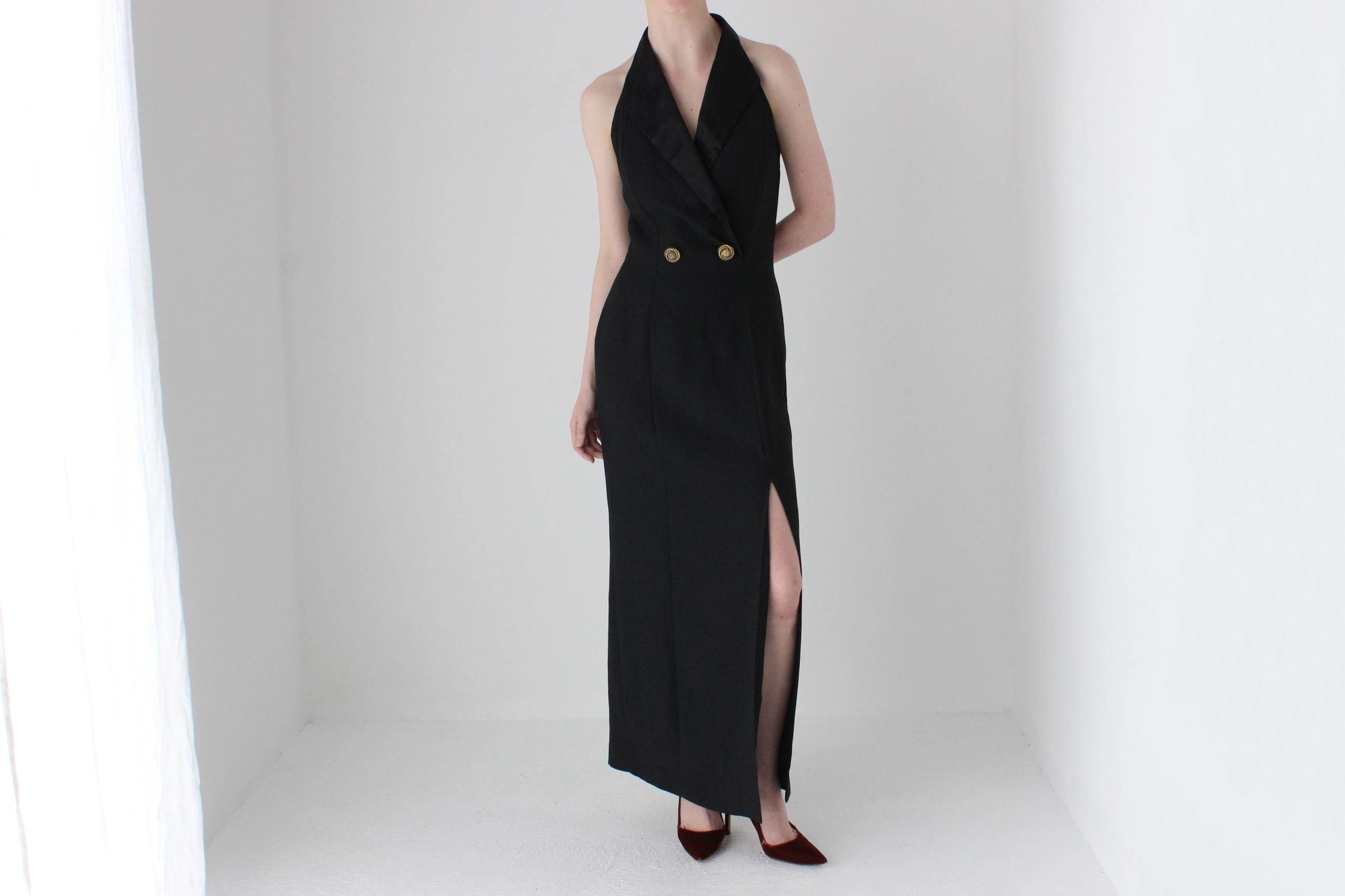 Elegant 80s Crepe Tuxedo Plunge Halter Neck Formal Gown