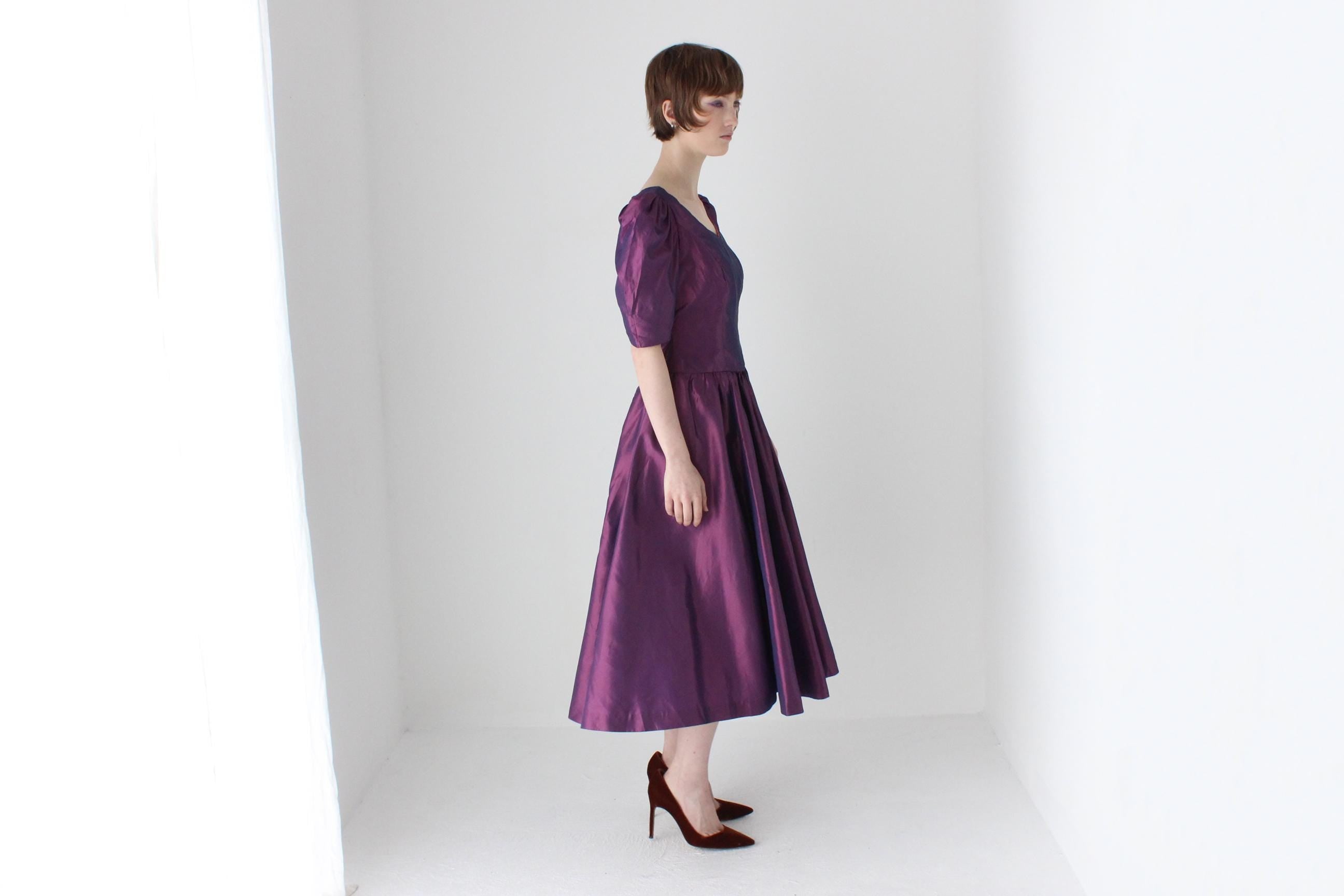 80s Puff Sleeve Metallic Purple Taffeta Cocktail Dress