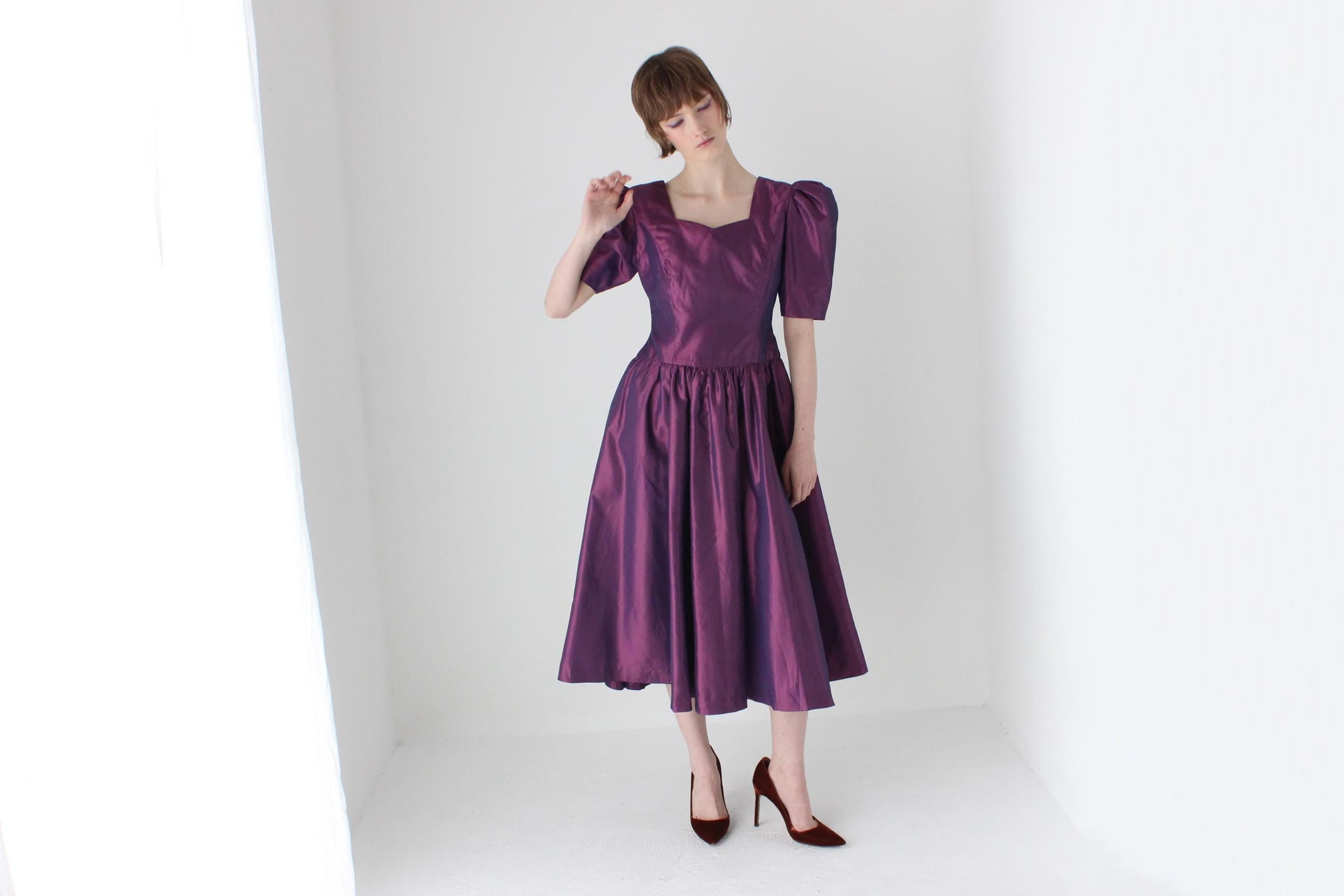 80s Puff Sleeve Metallic Purple Taffeta Cocktail Dress