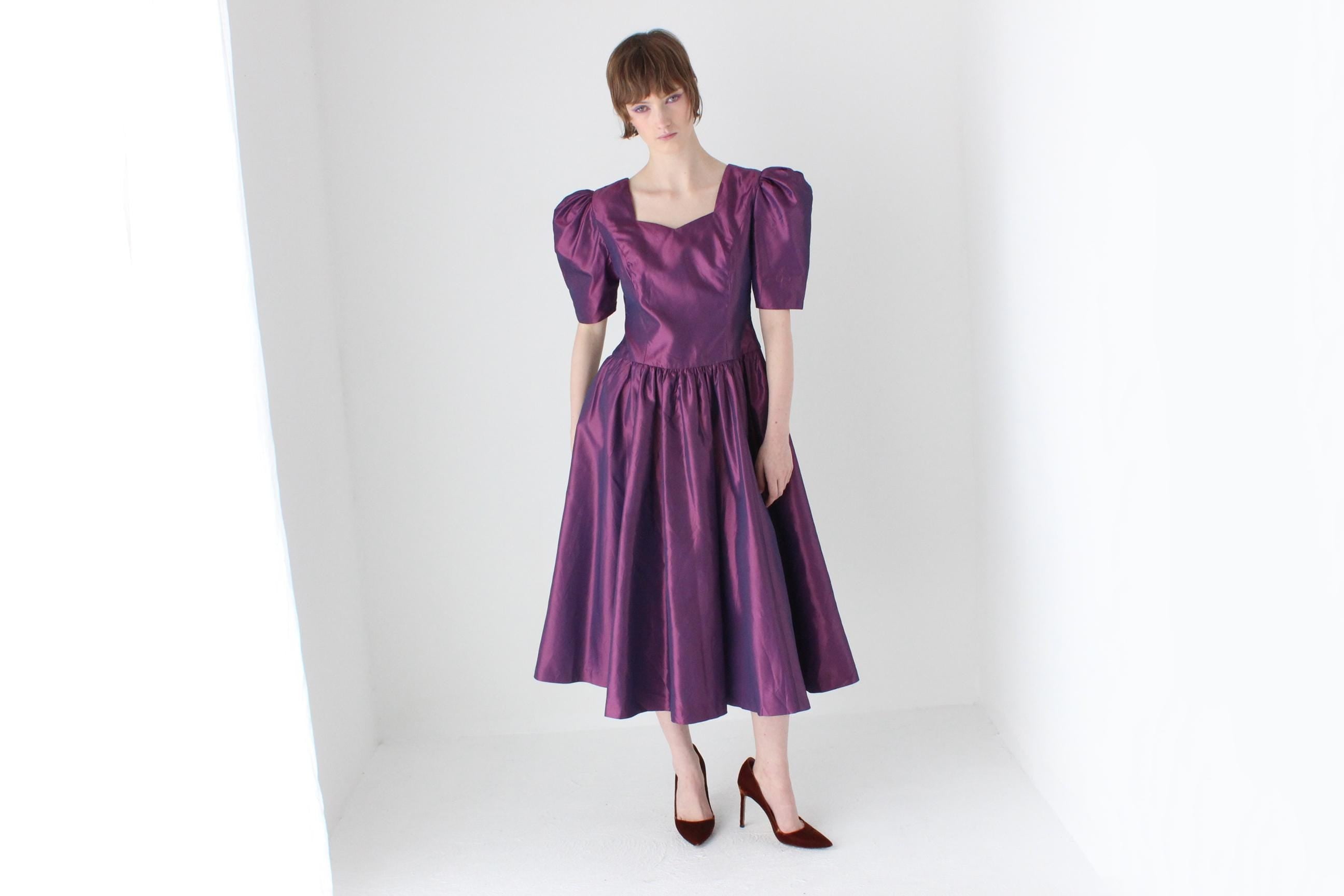 80s Puff Sleeve Metallic Purple Taffeta Cocktail Dress