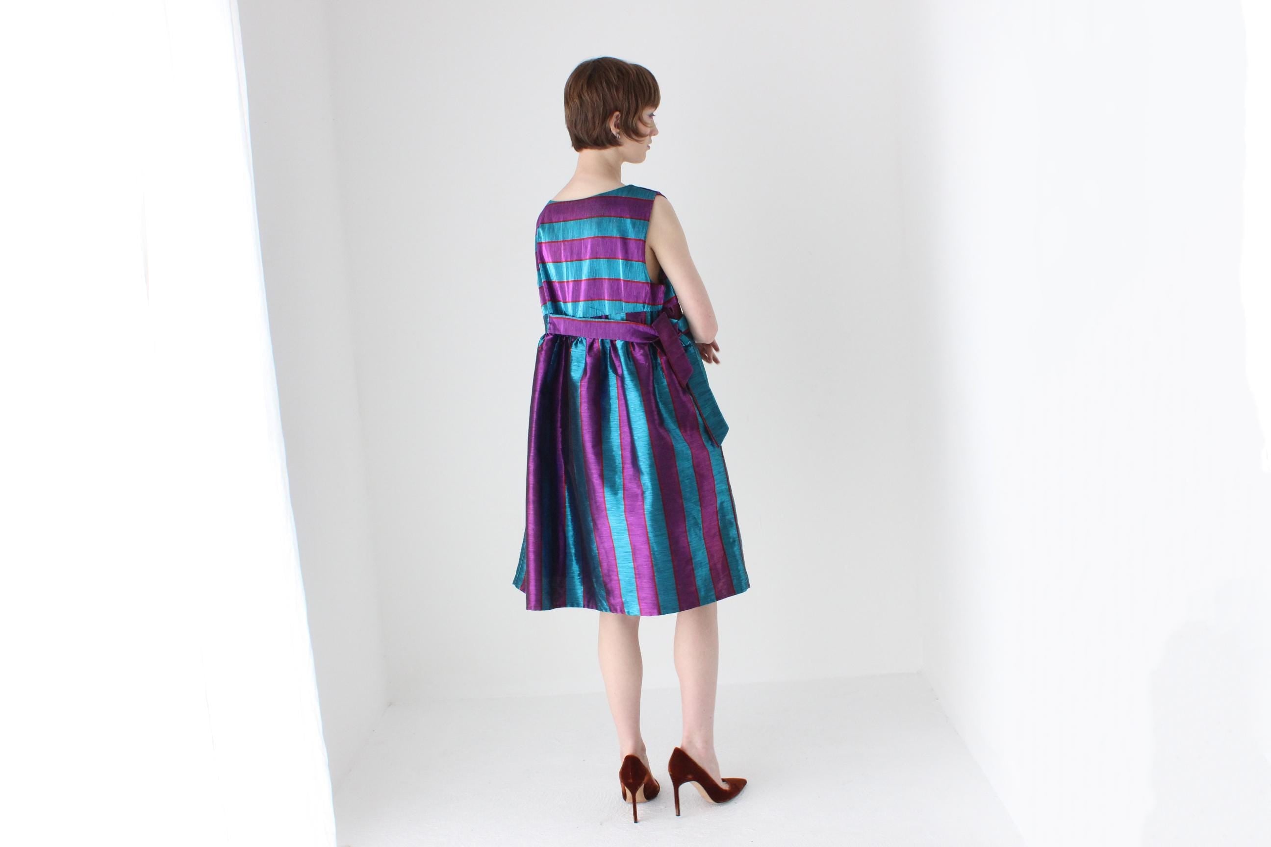 Joyful 80s Metallic Striped Puff Dress