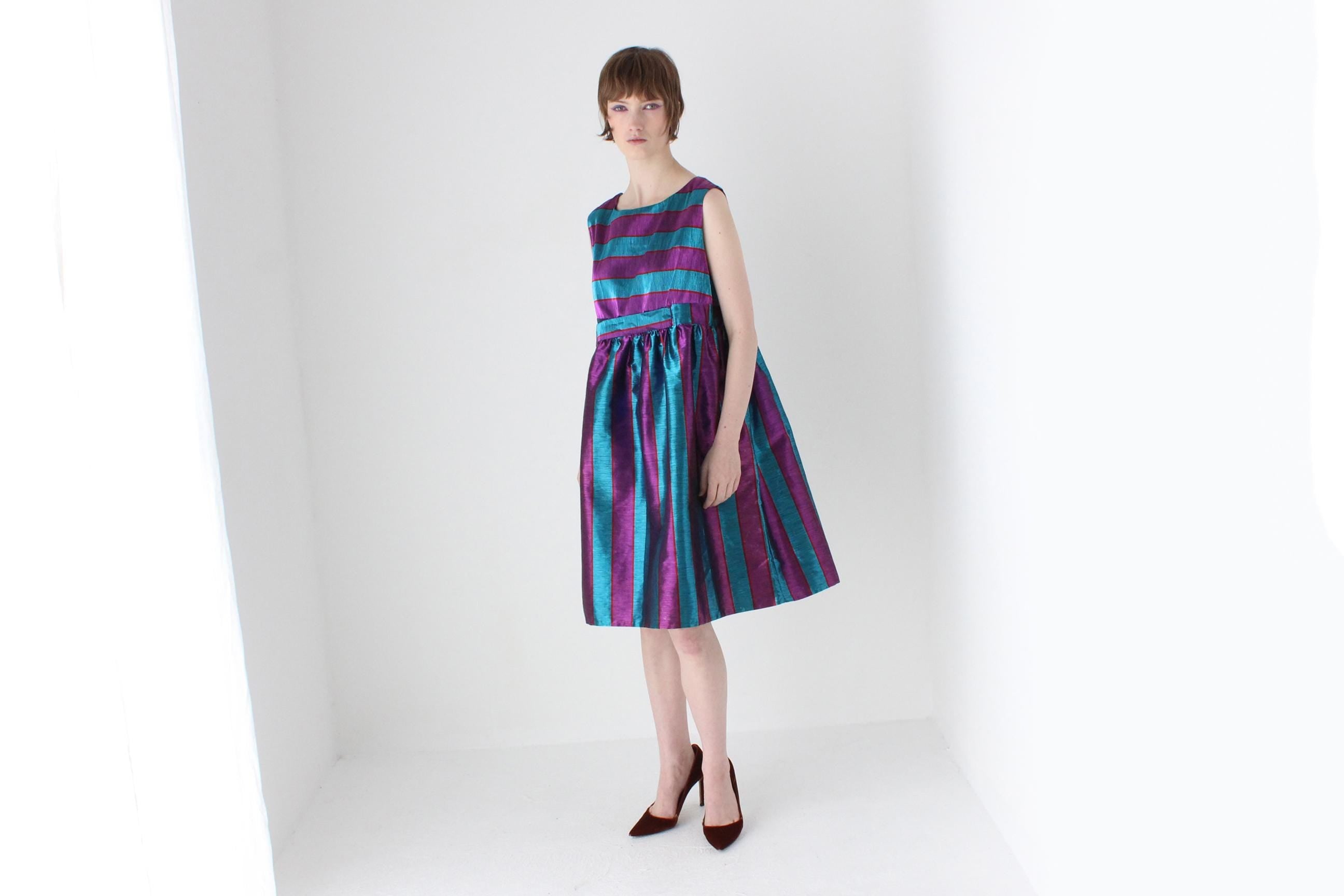 Joyful 80s Metallic Striped Puff Dress