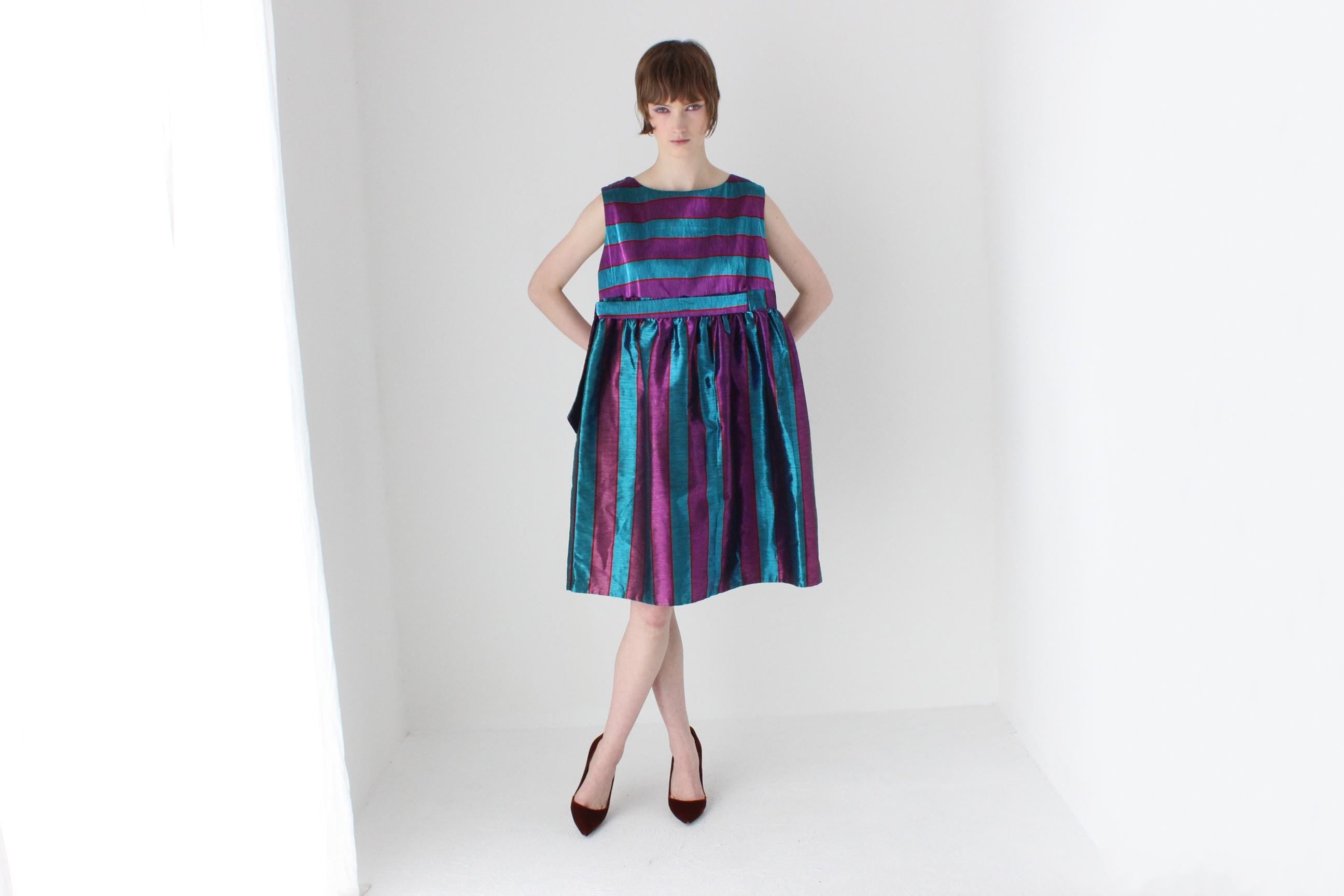 Joyful 80s Metallic Striped Puff Dress