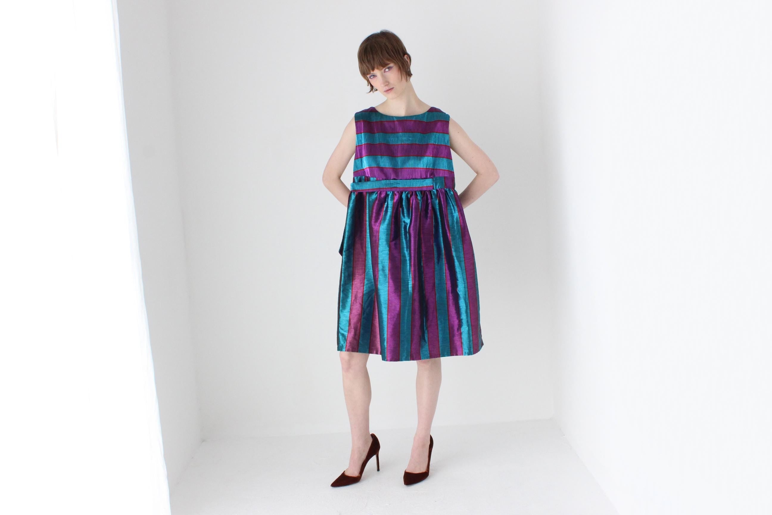 Joyful 80s Metallic Striped Puff Dress