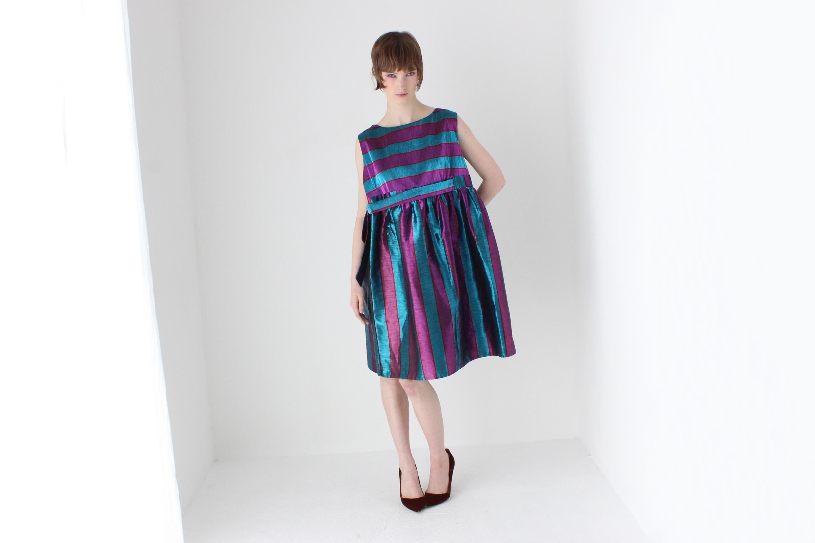 Joyful 80s Metallic Striped Puff Dress