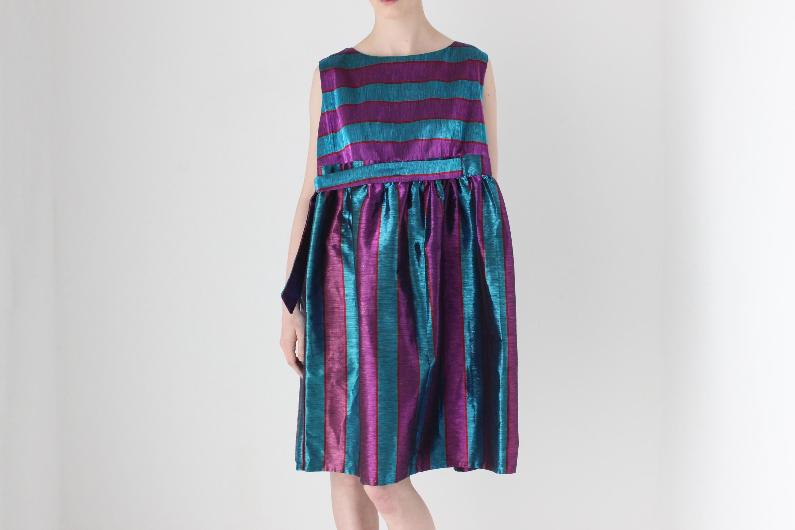 Joyful 80s Metallic Striped Puff Dress