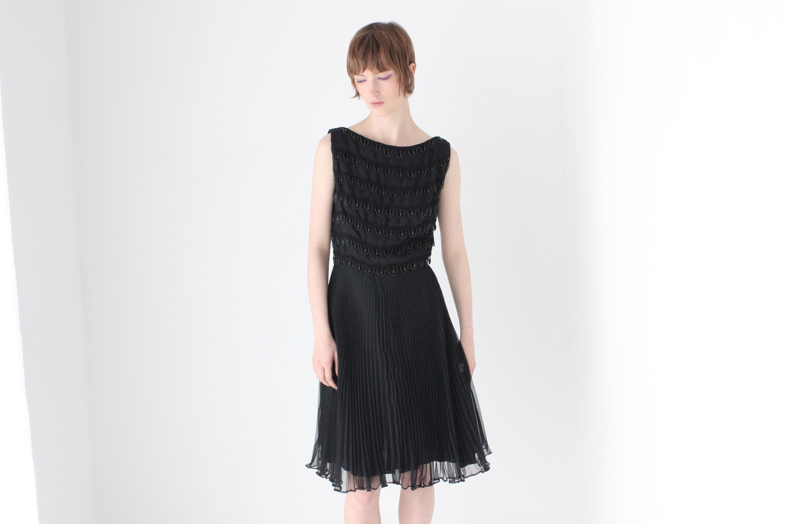 Showstopping 60s Beaded & Pleated Chiffon Cocktail Dress