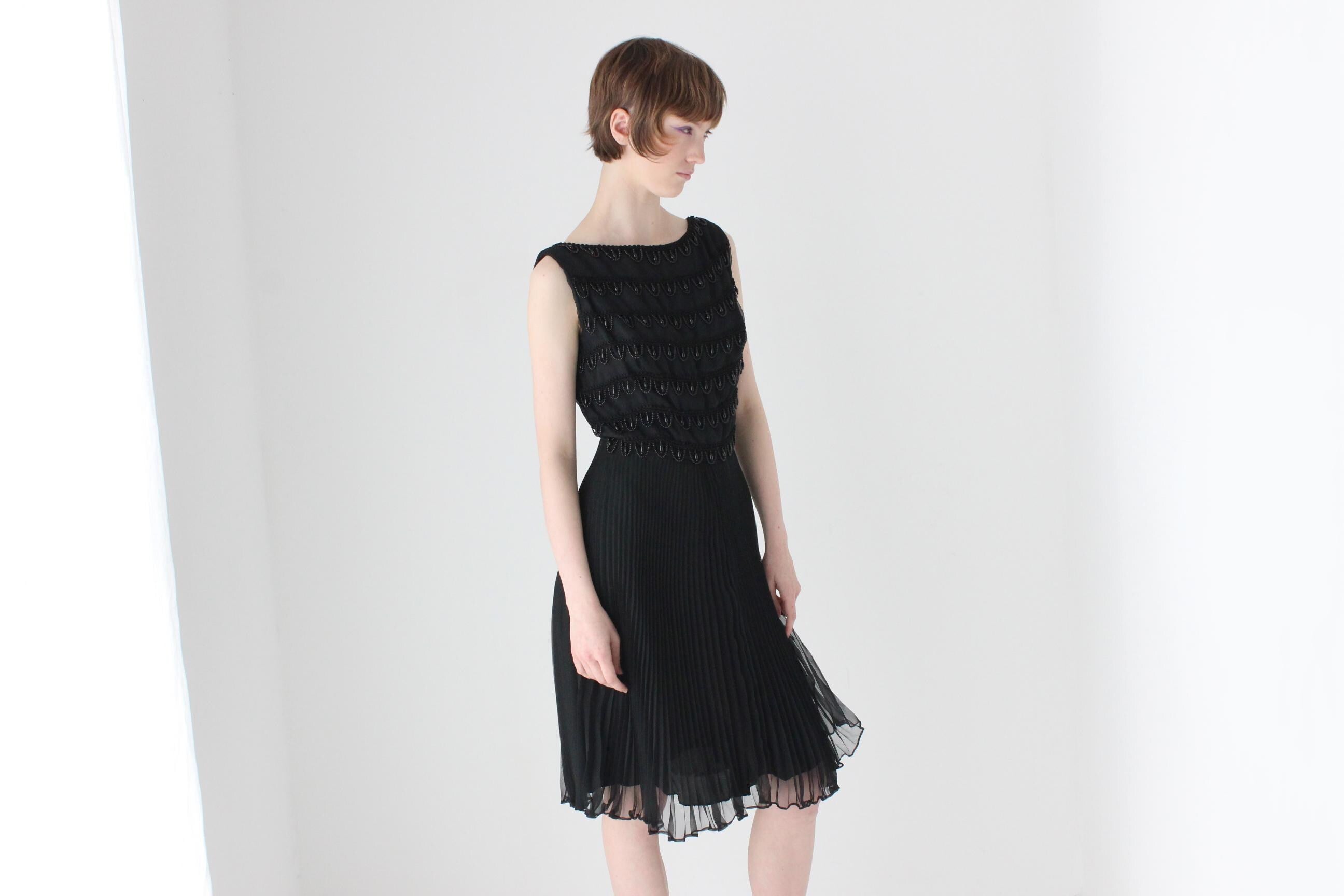 Showstopping 60s Beaded & Pleated Chiffon Cocktail Dress