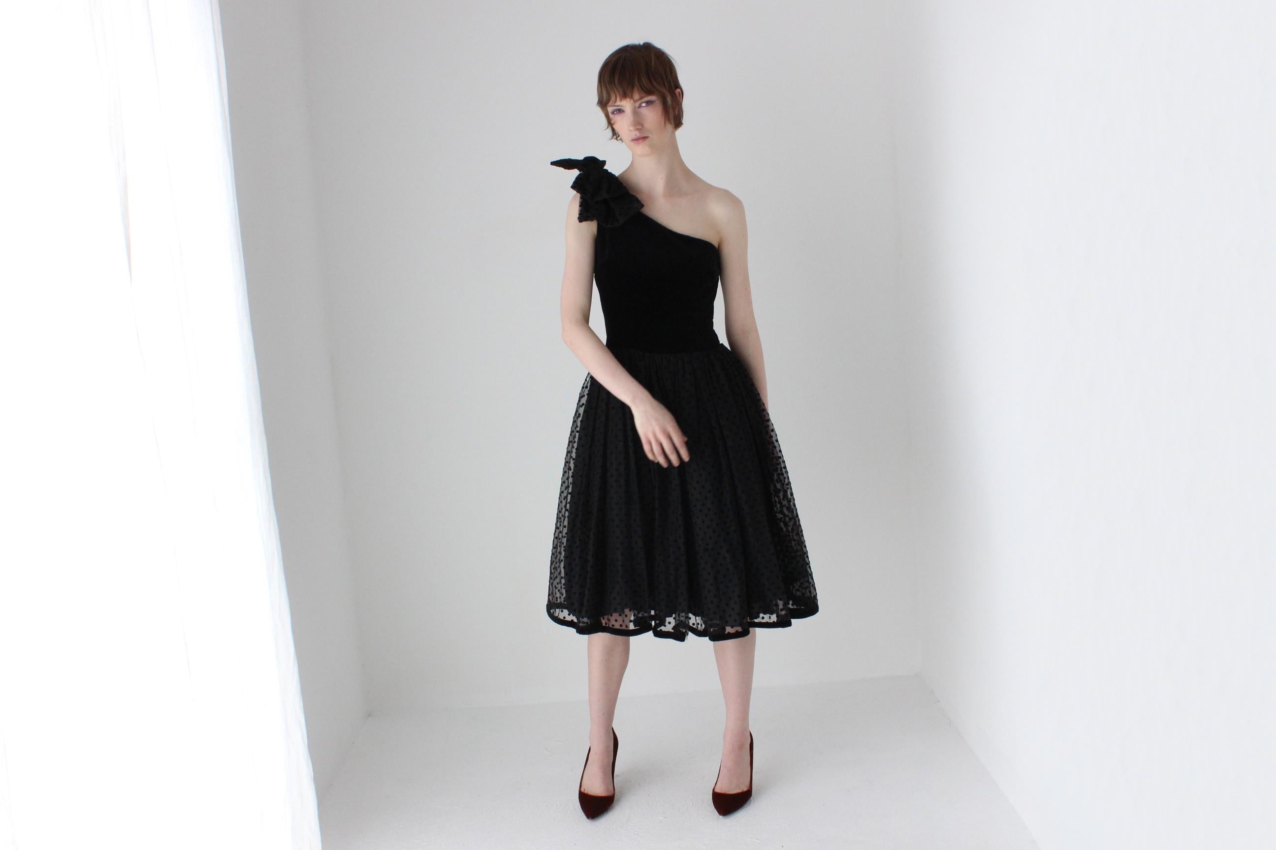 80s One Shoulder Velvet & Polka Dot Tulle Party Dress