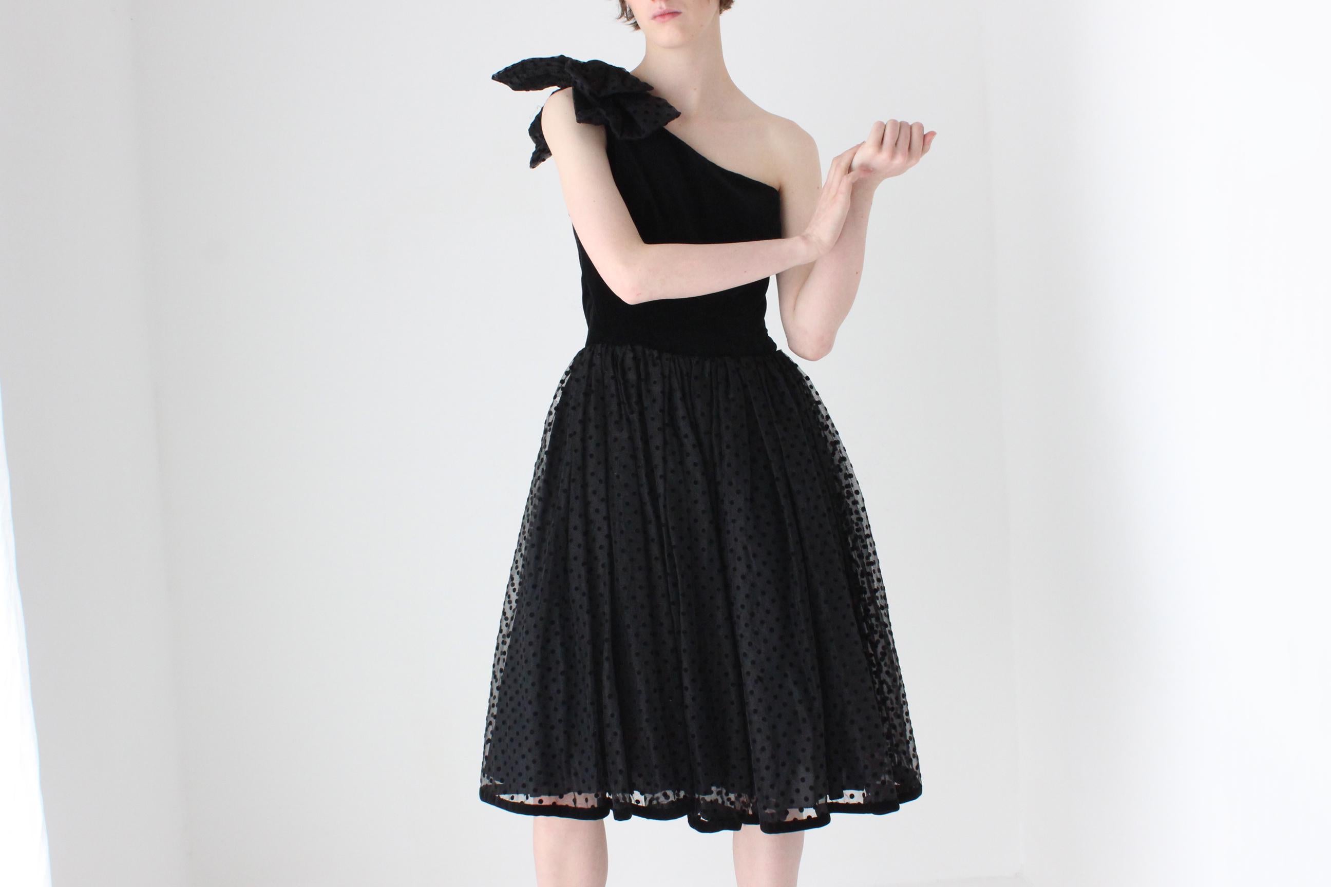 80s One Shoulder Velvet & Polka Dot Tulle Party Dress