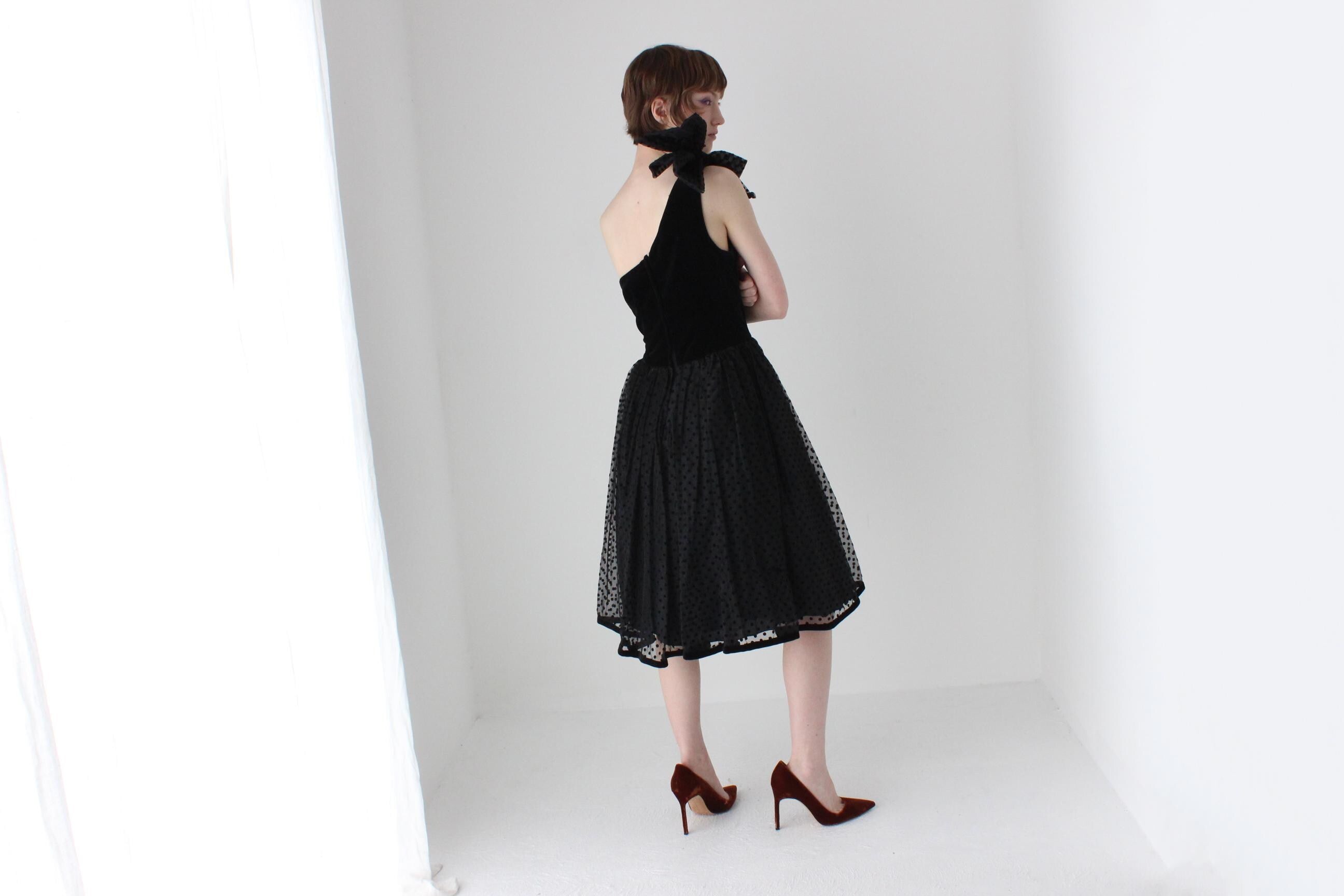 80s One Shoulder Velvet & Polka Dot Tulle Party Dress