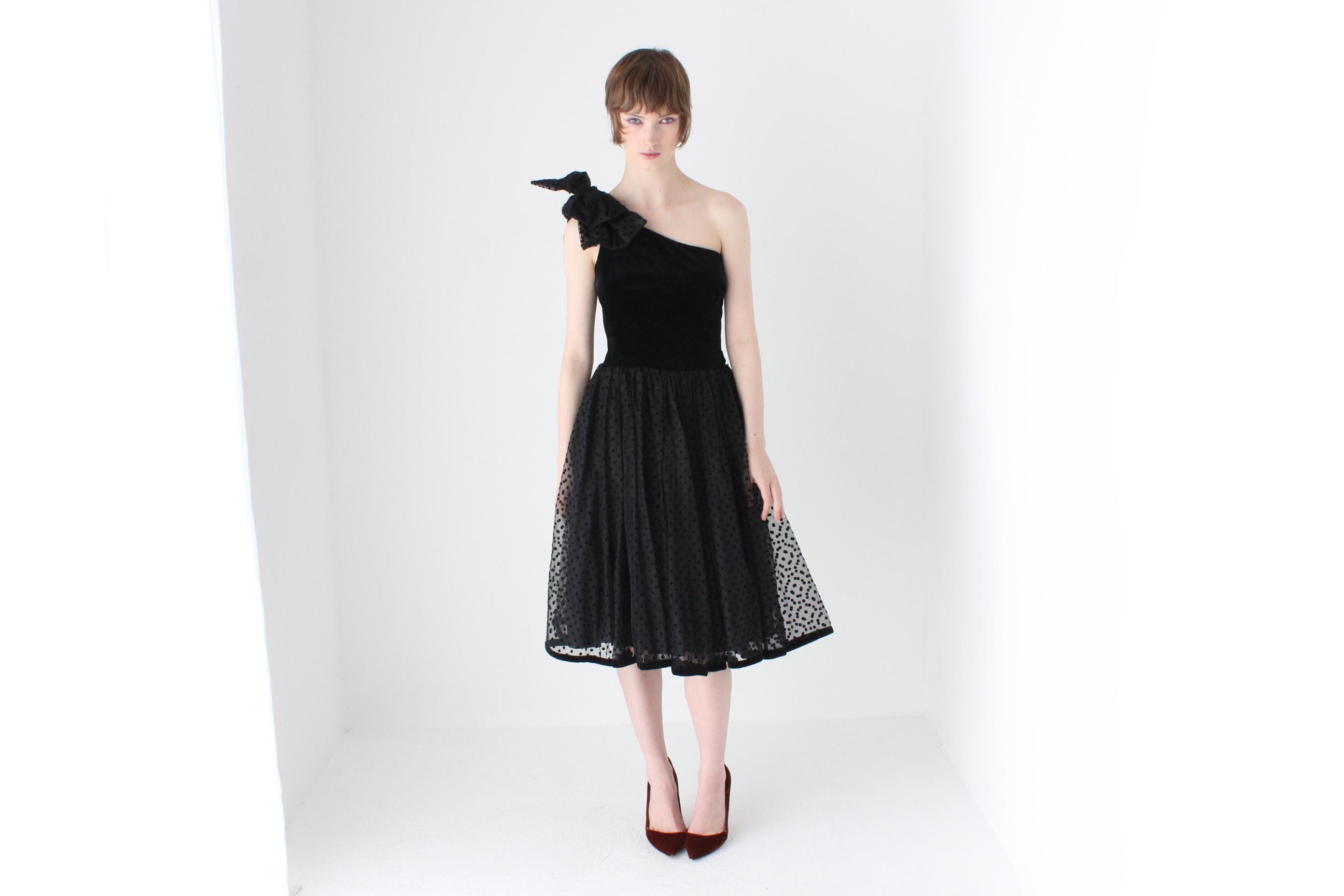 80s One Shoulder Velvet & Polka Dot Tulle Party Dress