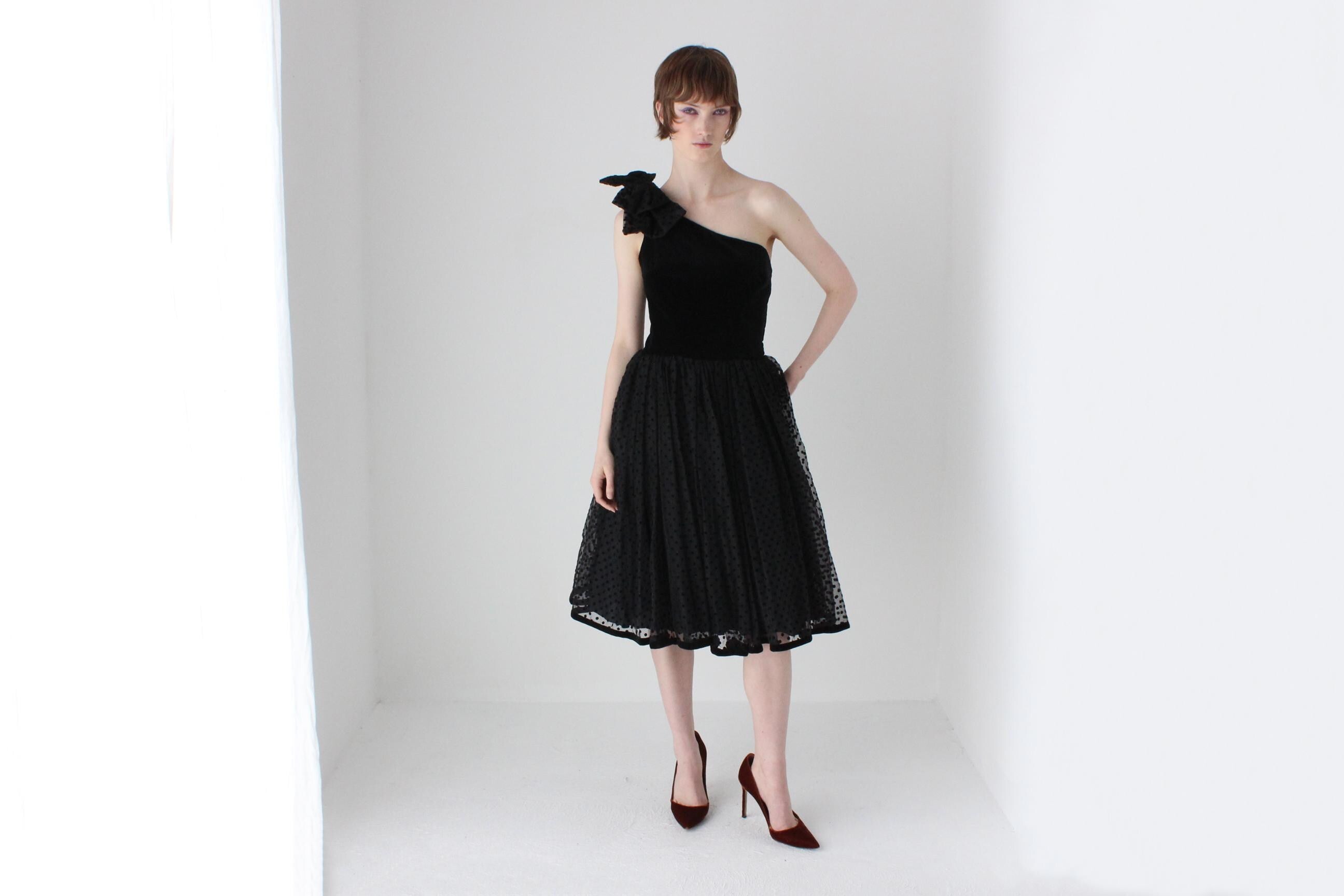 80s One Shoulder Velvet Polka Dot Tulle Party Dress